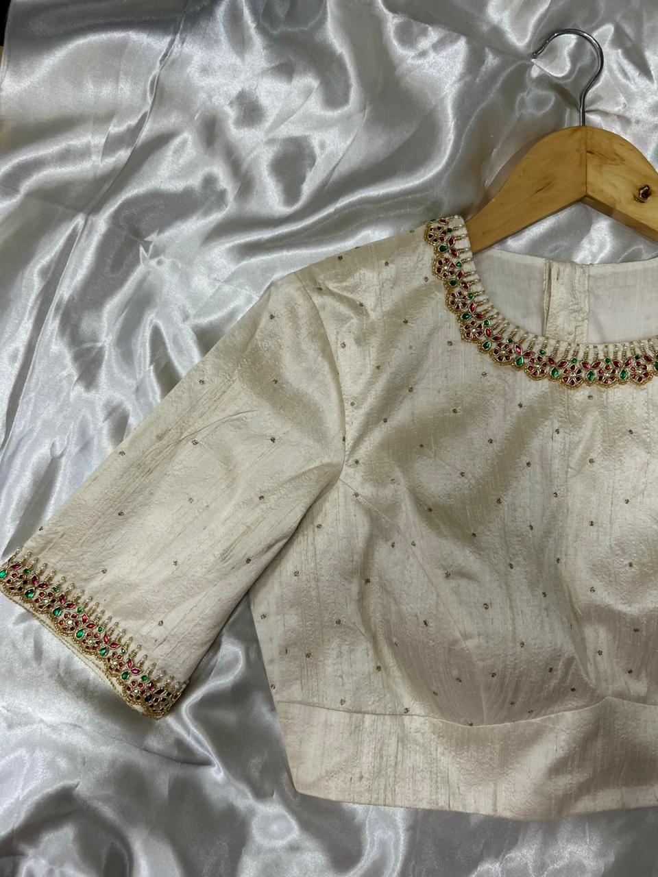 Cream pure raw silk hand work blouse 101