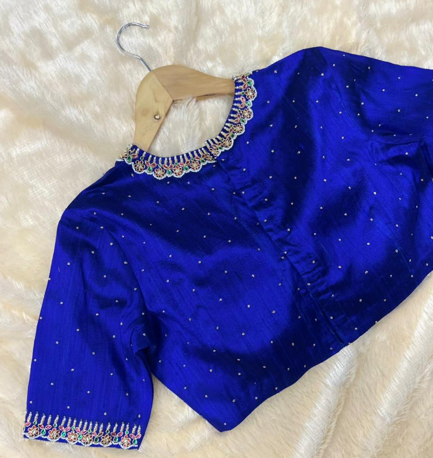 Blue pure raw silk hand work blouse 101