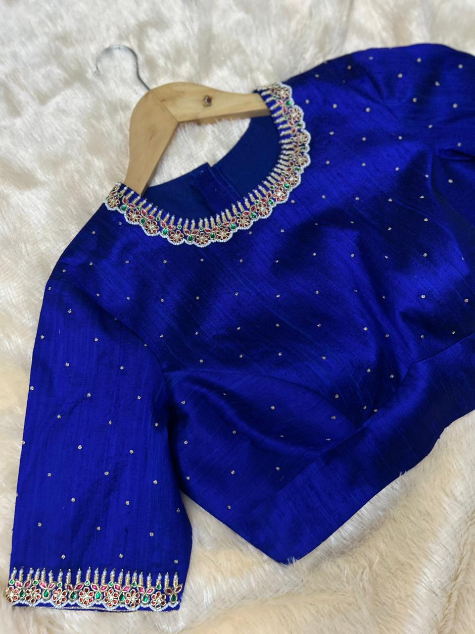 Blue pure raw silk hand work blouse 101