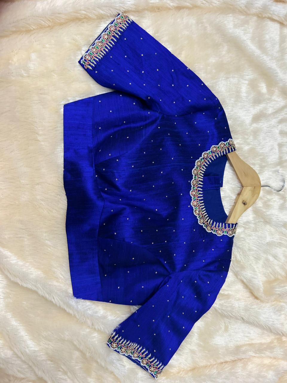 Blue pure raw silk hand work blouse 101