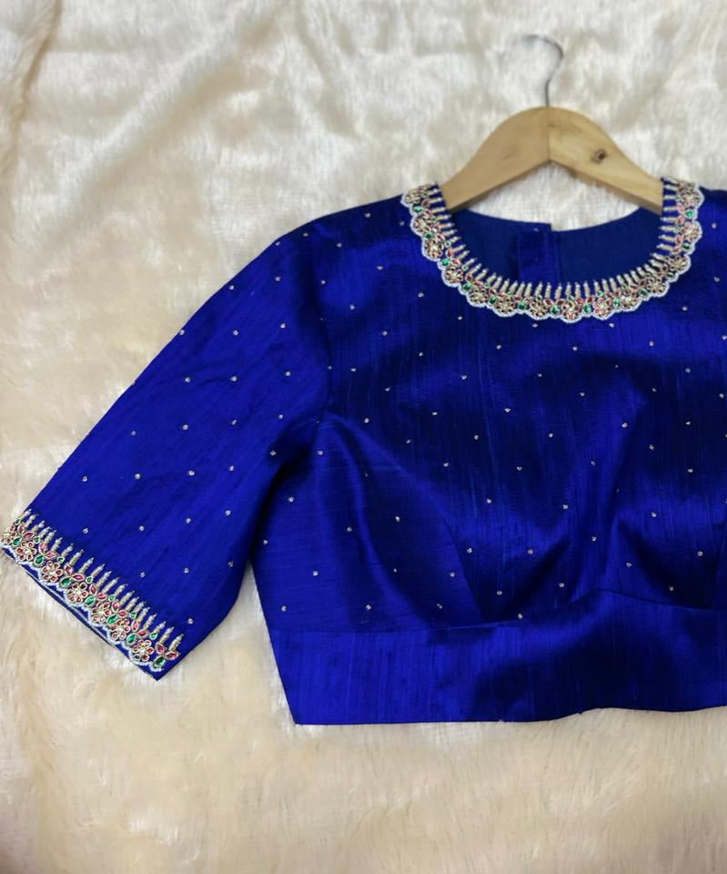 Blue pure raw silk hand work blouse 101