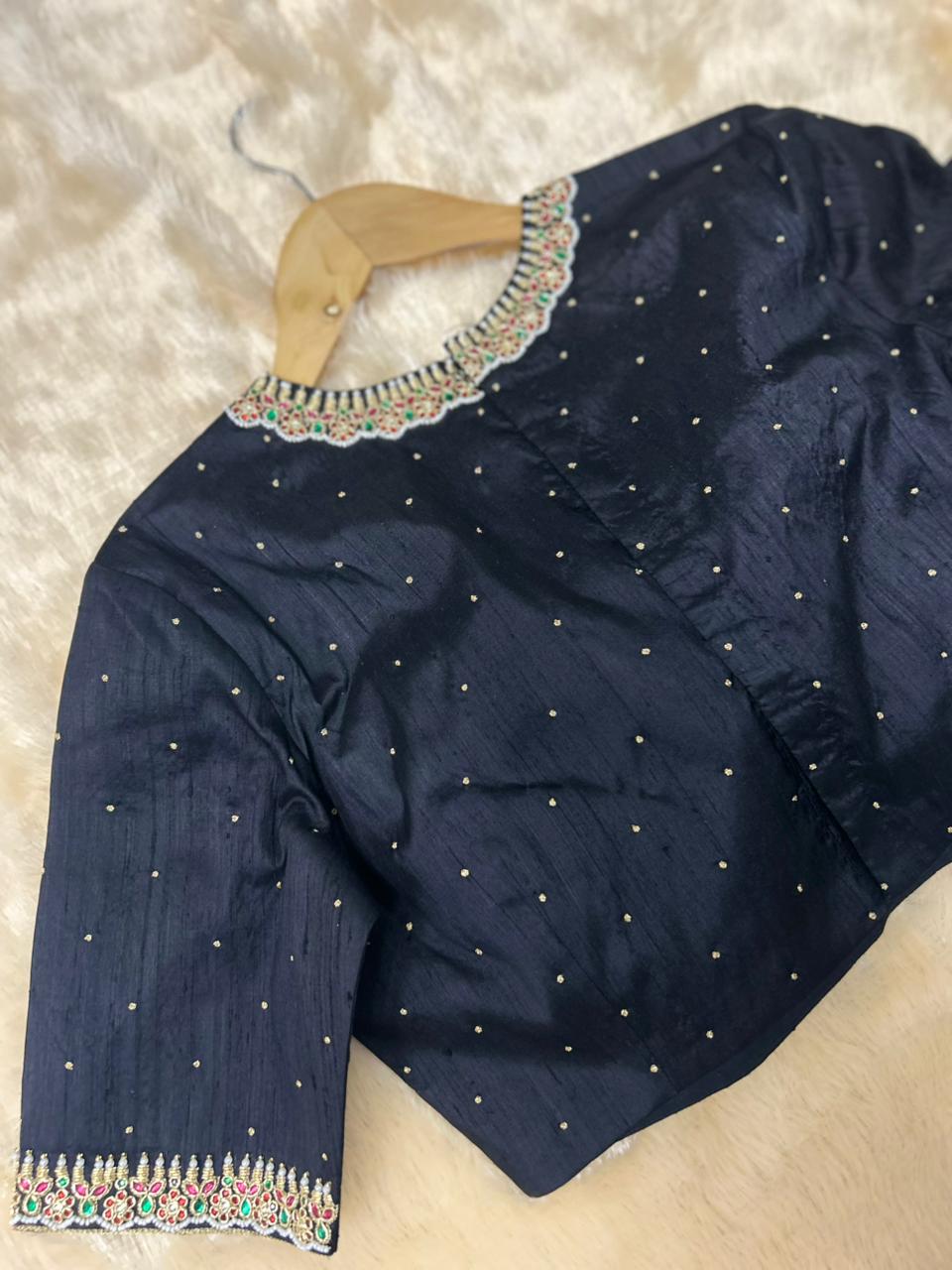Black pure raw silk hand work blouse 101