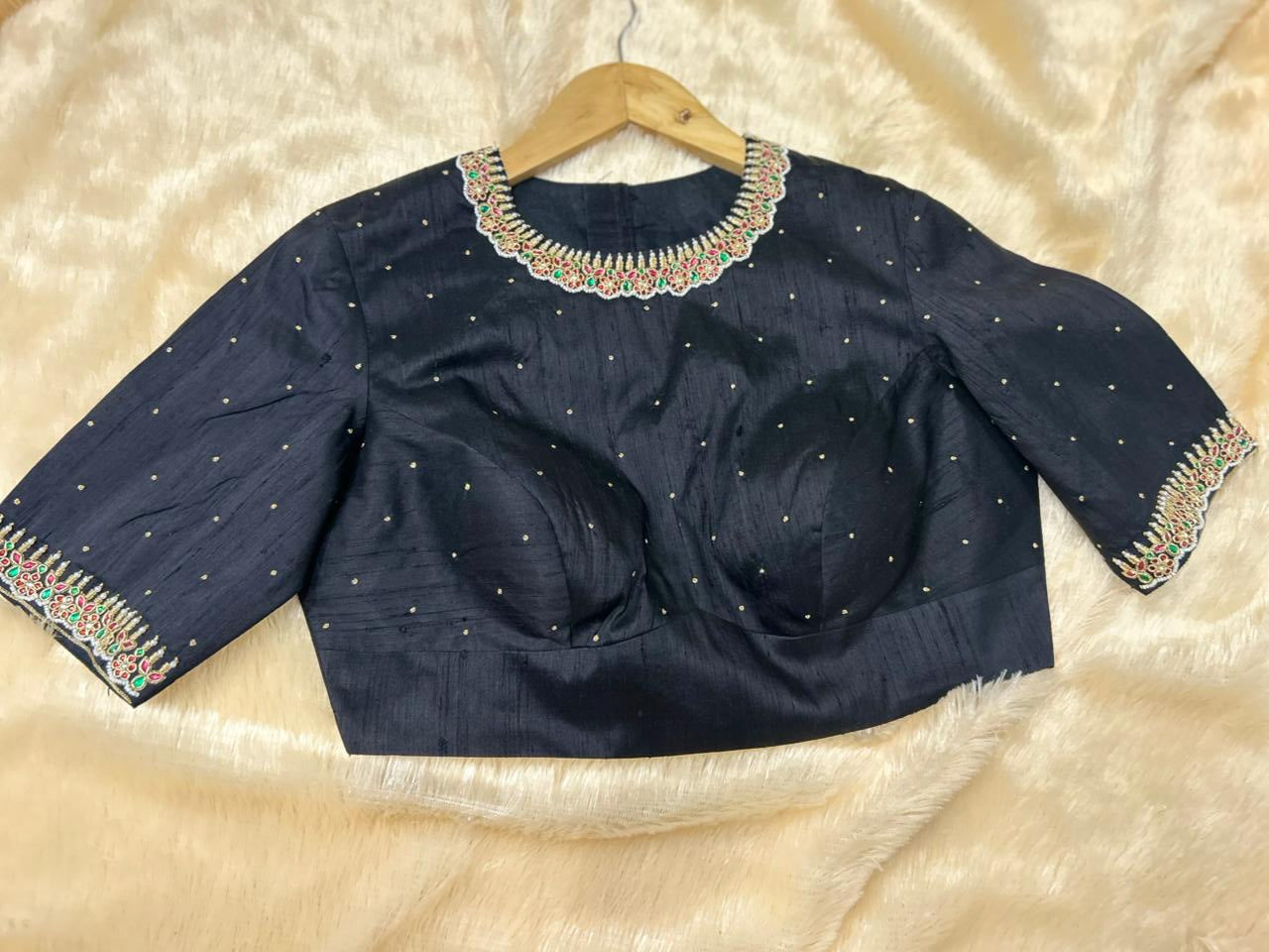 Black pure raw silk hand work blouse 101