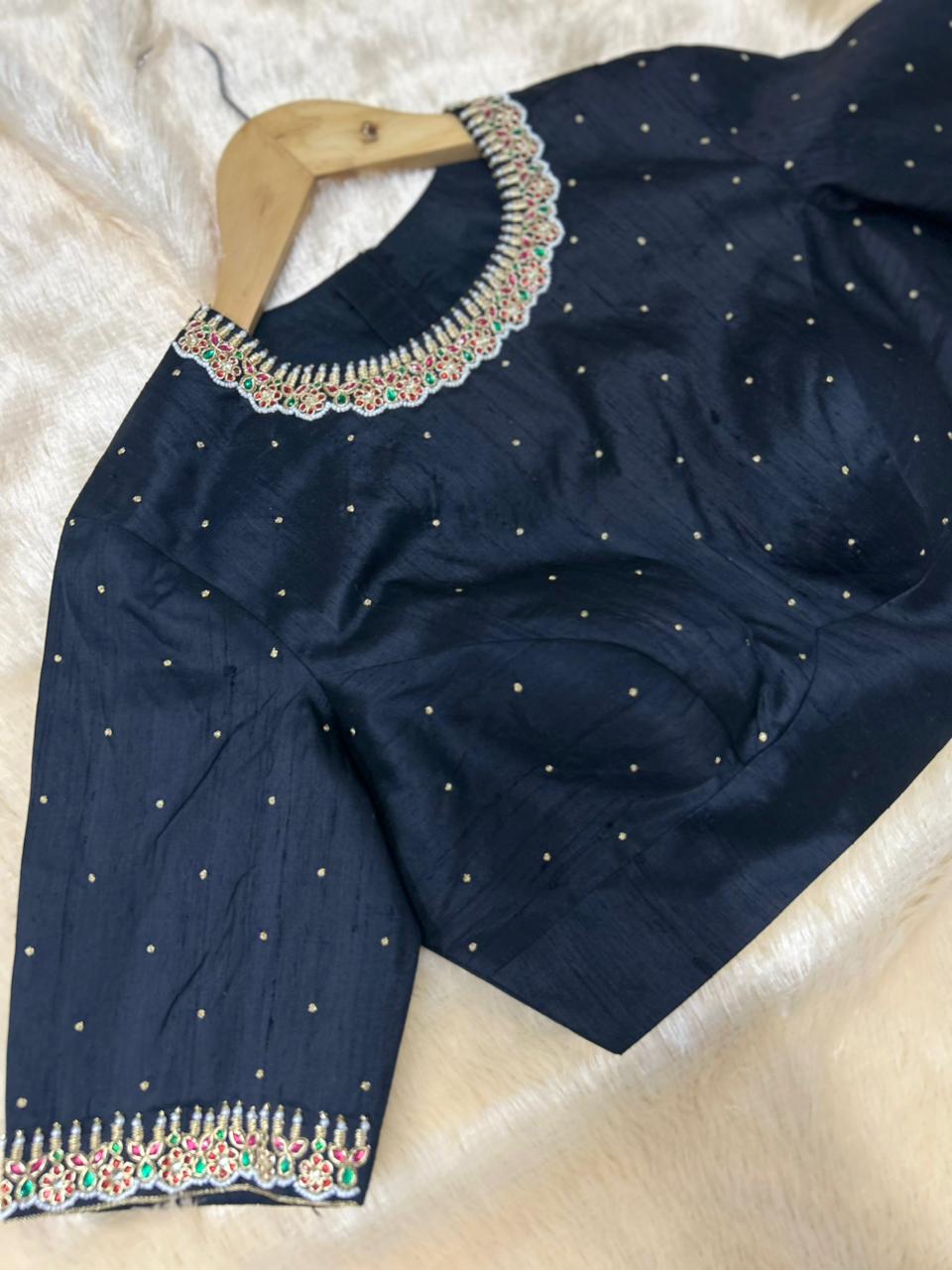 Black pure raw silk hand work blouse 101