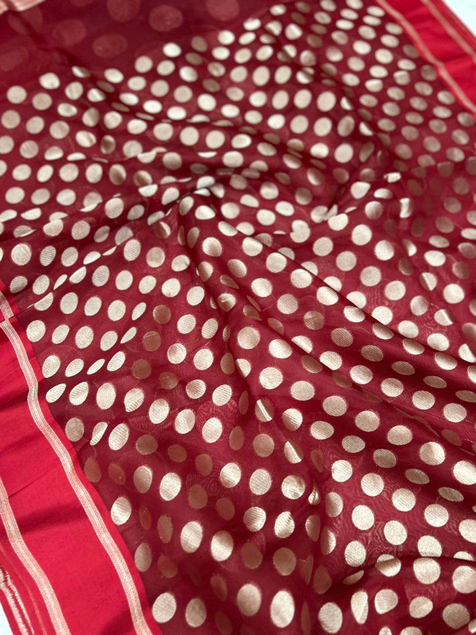 Red pure organza polka dots saree 101