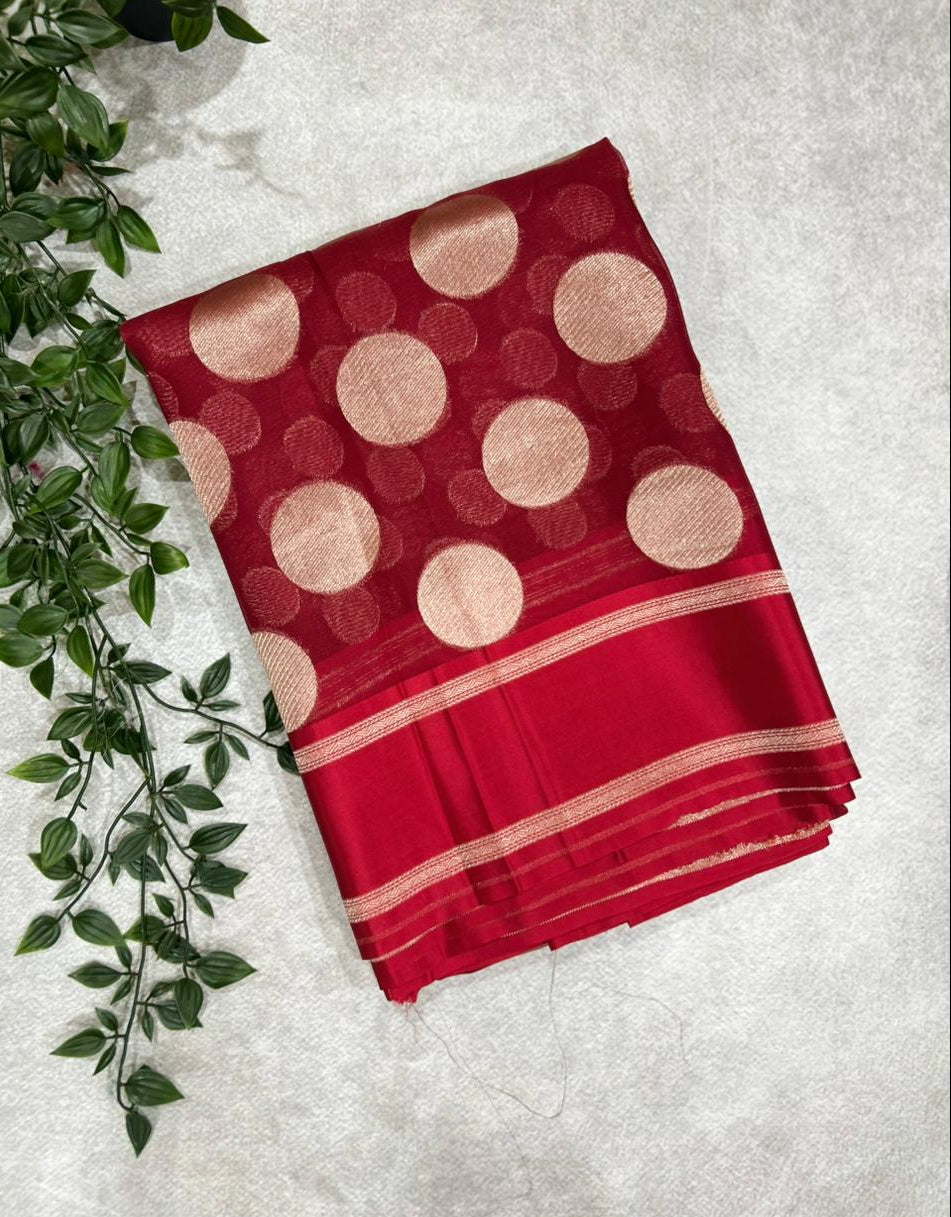 Red pure organza polka dots saree 101