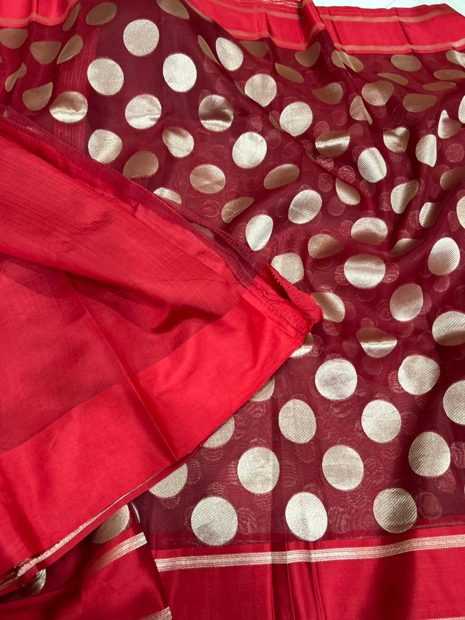 Red pure organza polka dots saree 101