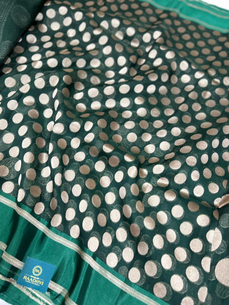Green pure organza polka dots saree 101