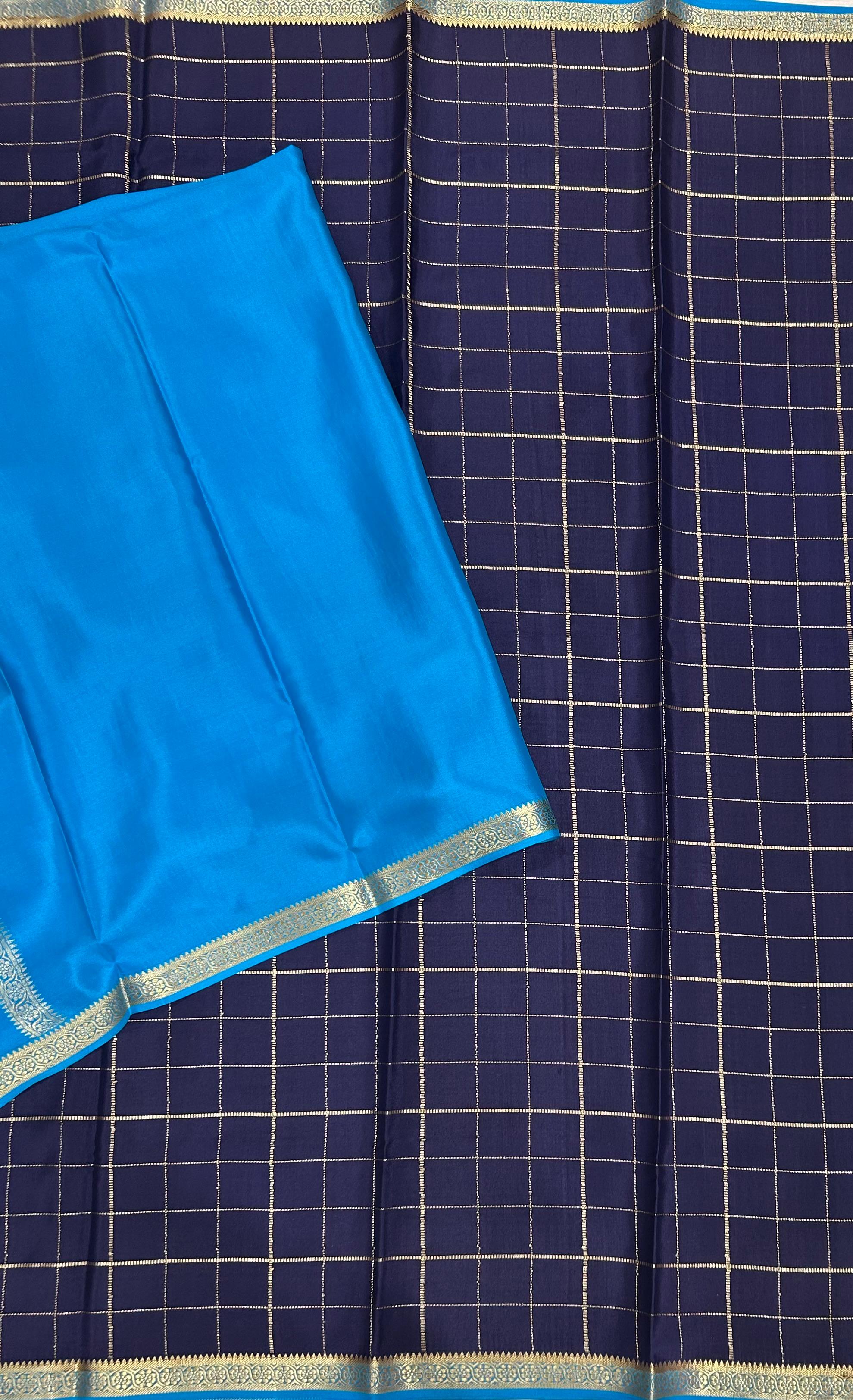 Navy blue small checks pure mysore sik-102 crepe saree