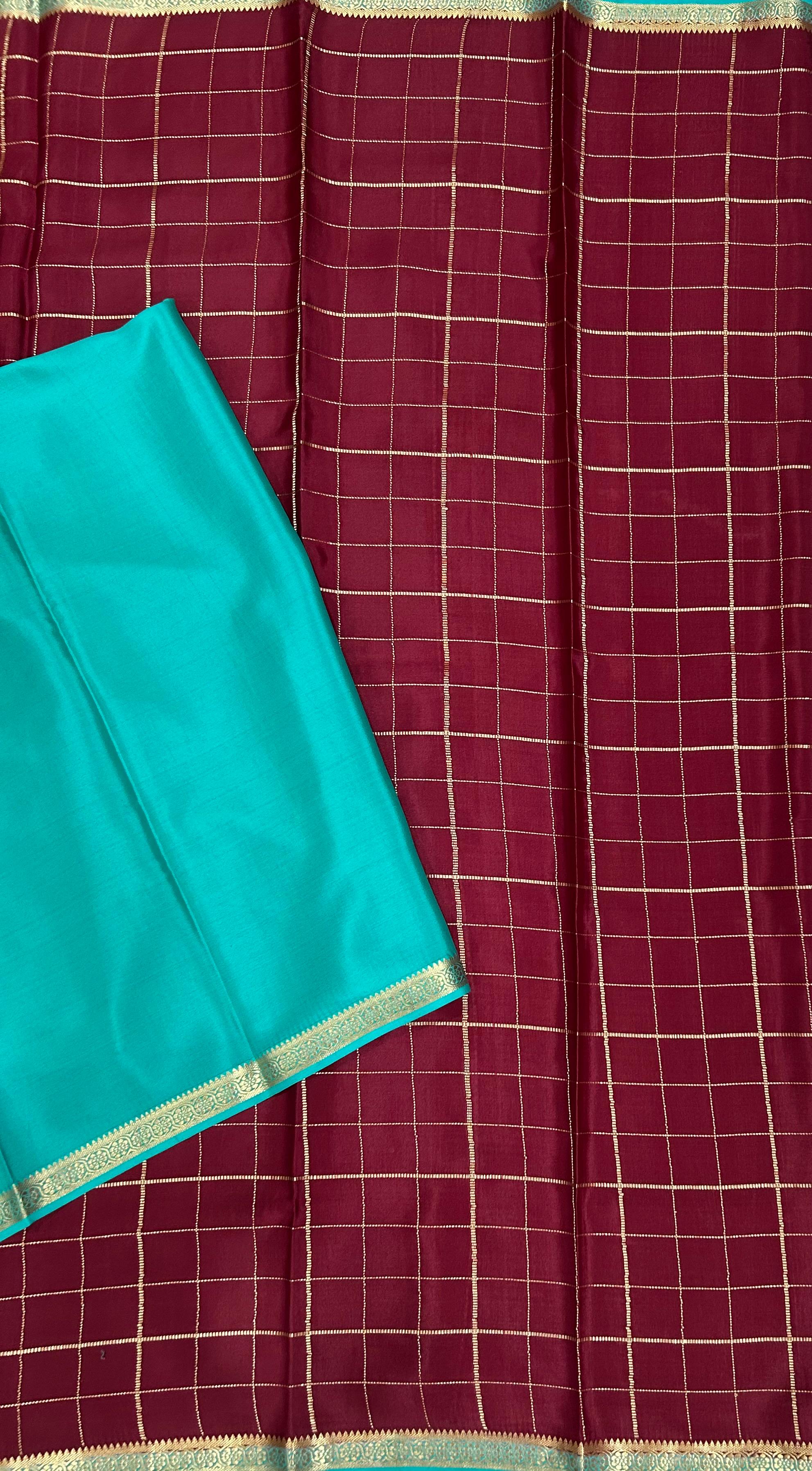 Maroon small checks pure mysore silk-102 crepe saree