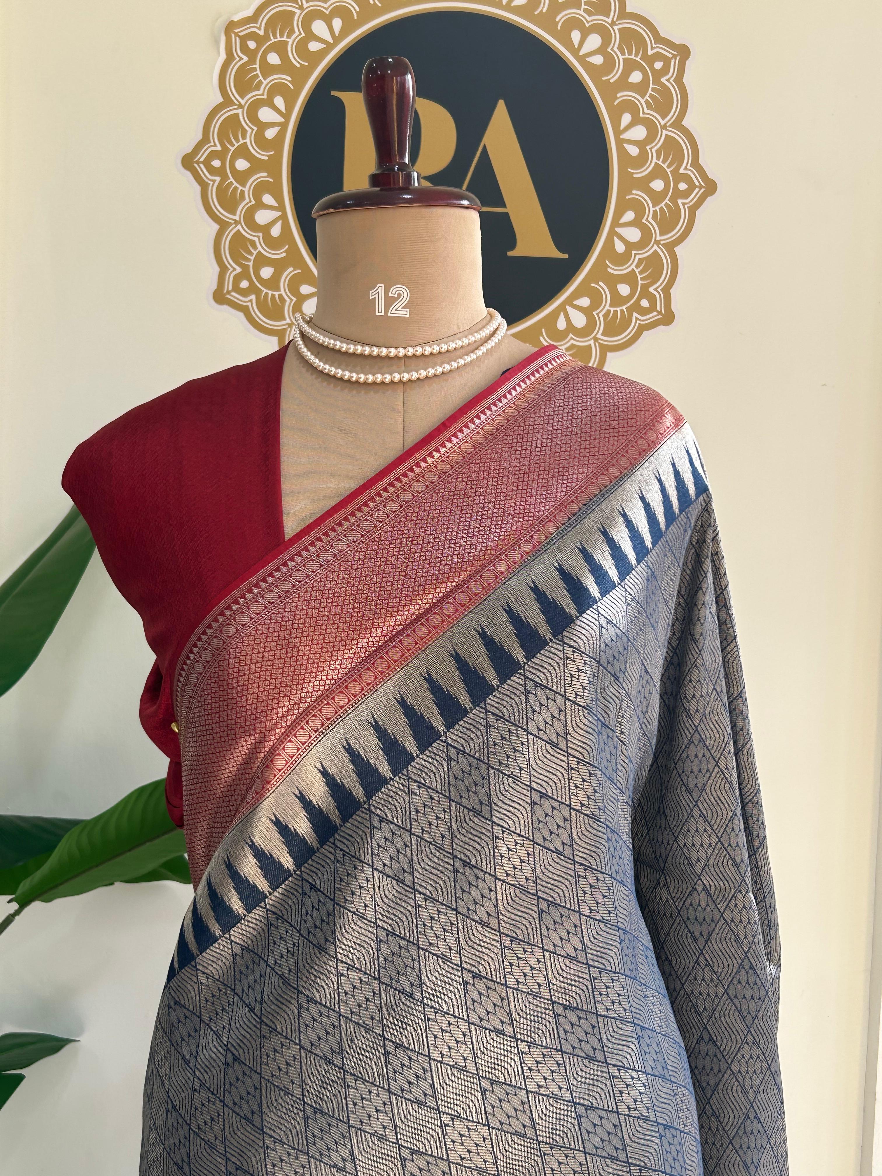 Peacock blue brocade tissue temple border saree