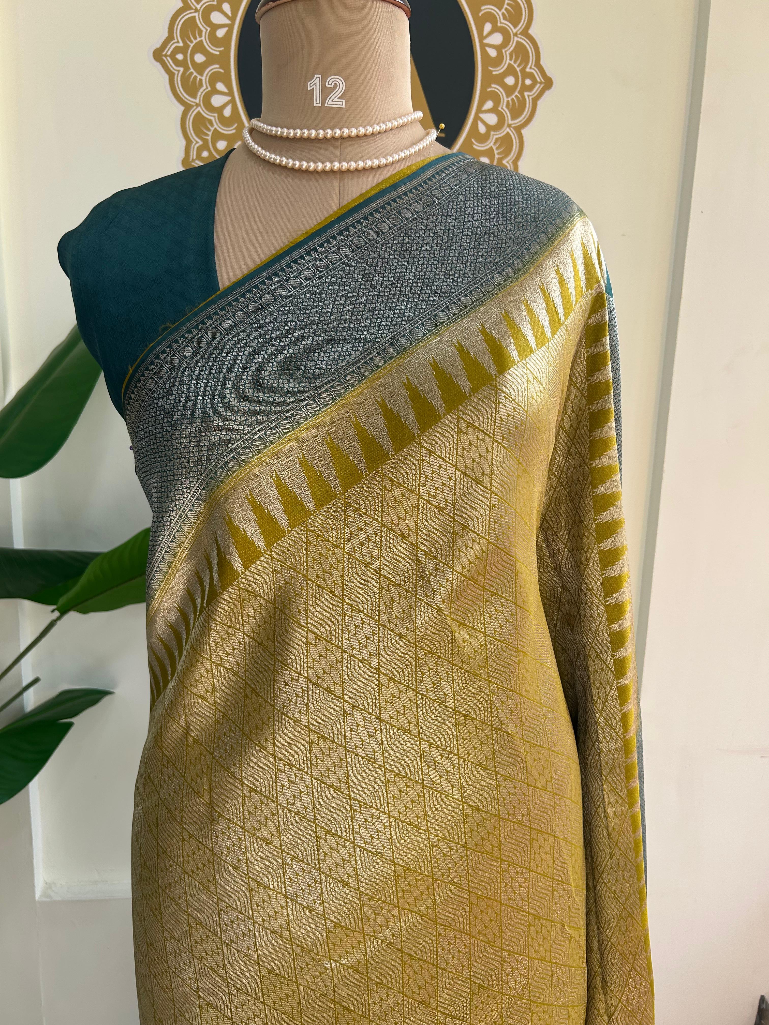 Mehendi green brocade tissue temple border saree