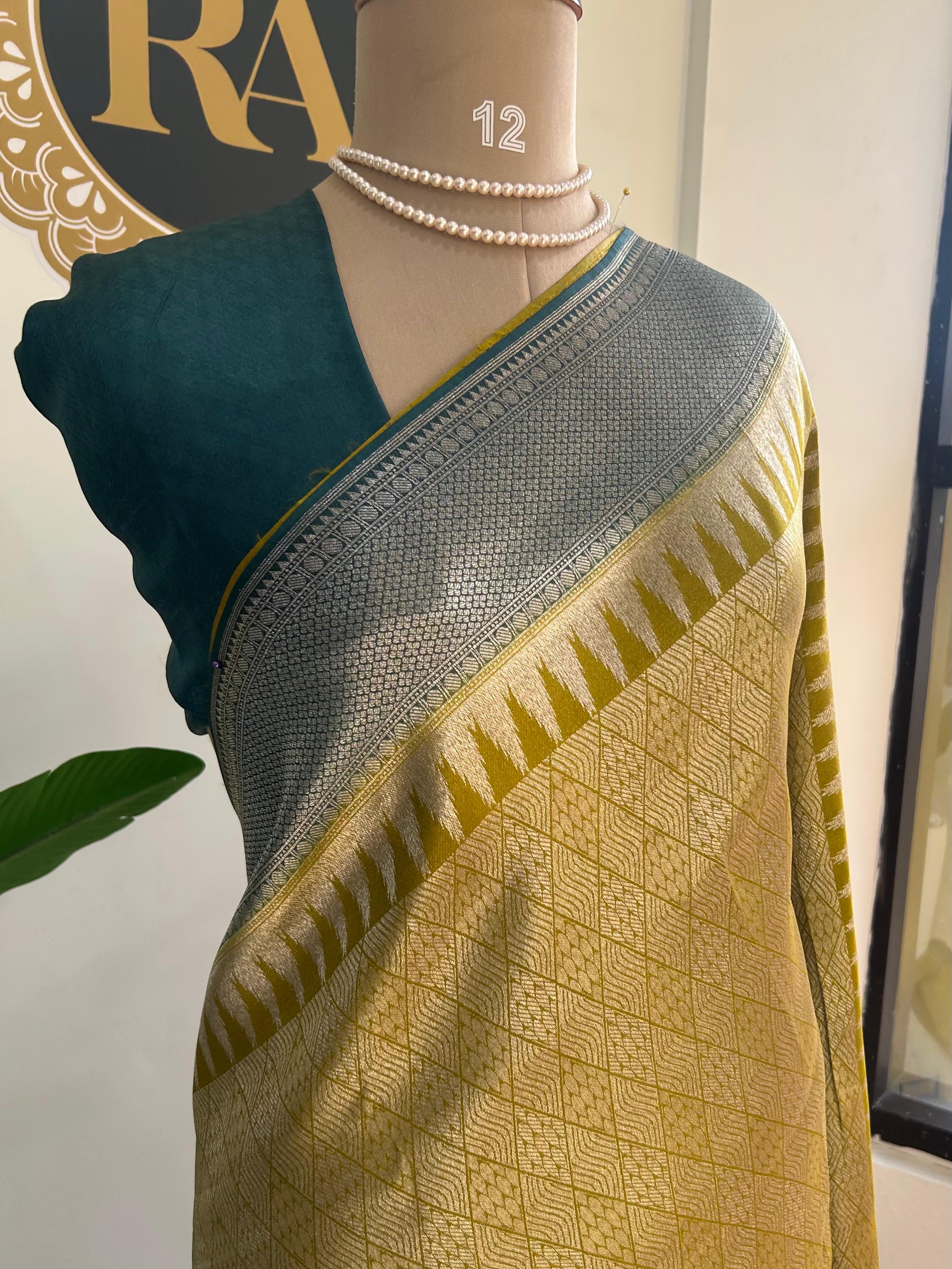 Mehendi green brocade tissue temple border saree