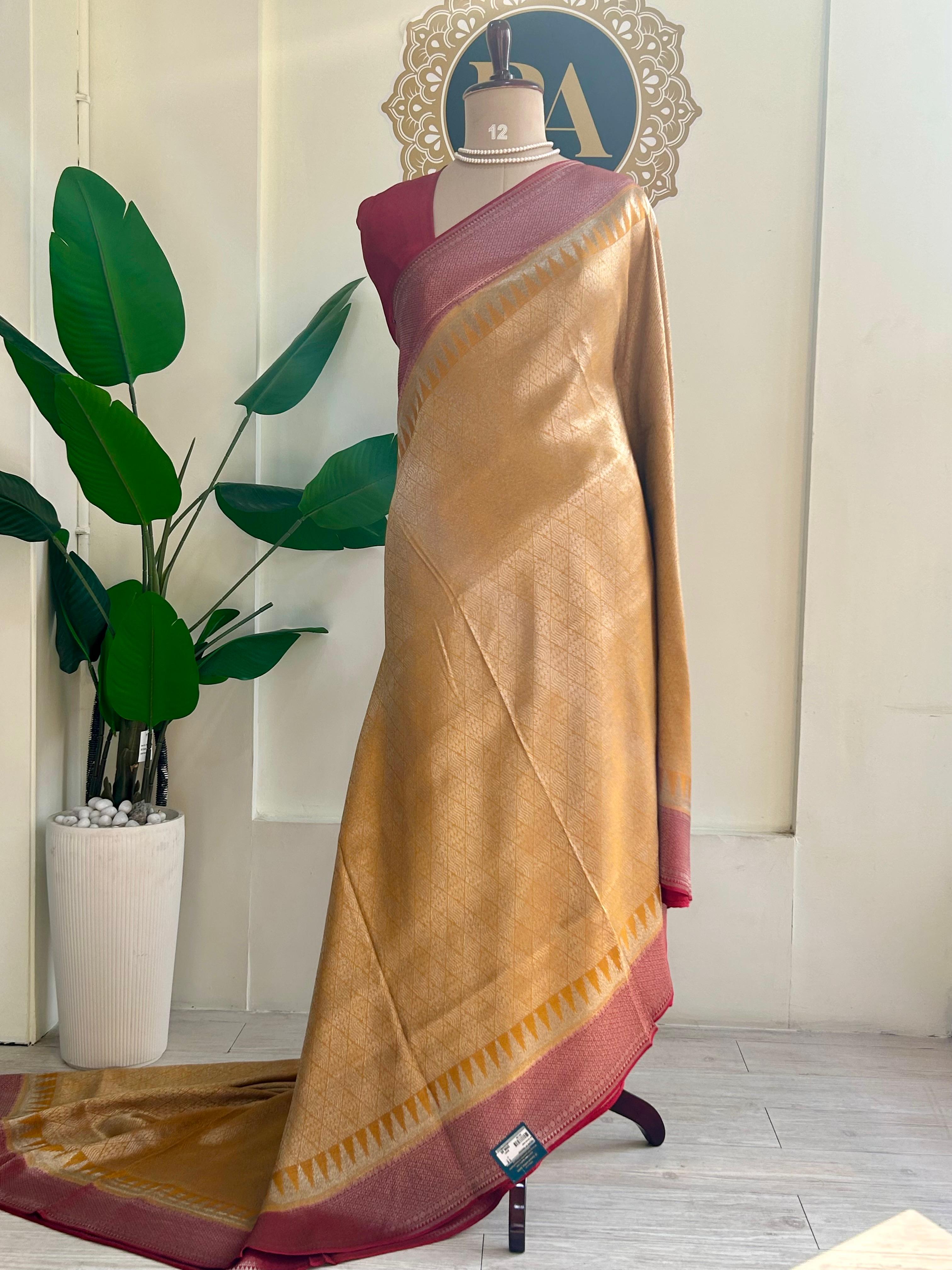 Yellow brocade tissue temple border saree