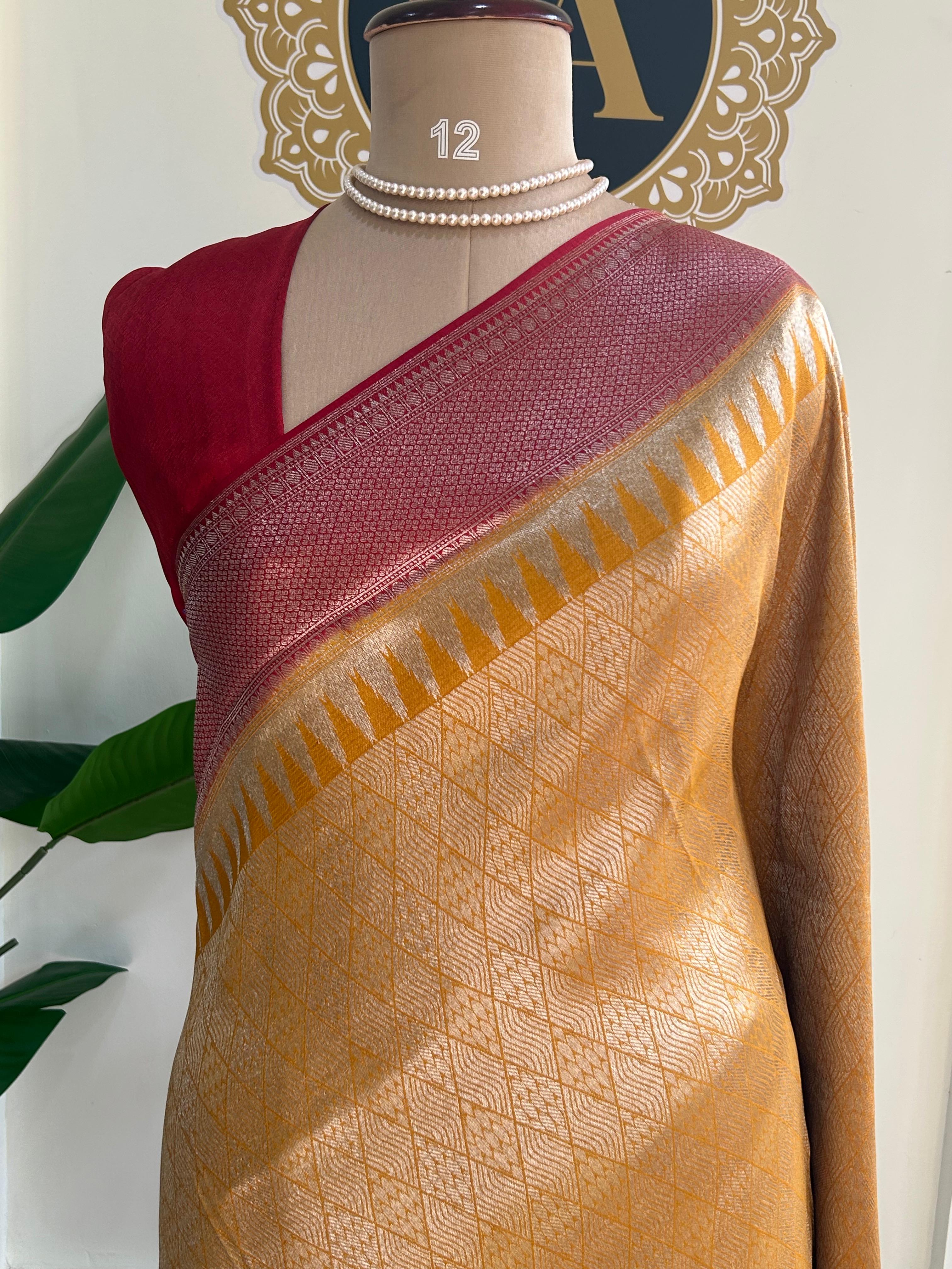 Yellow brocade tissue temple border saree