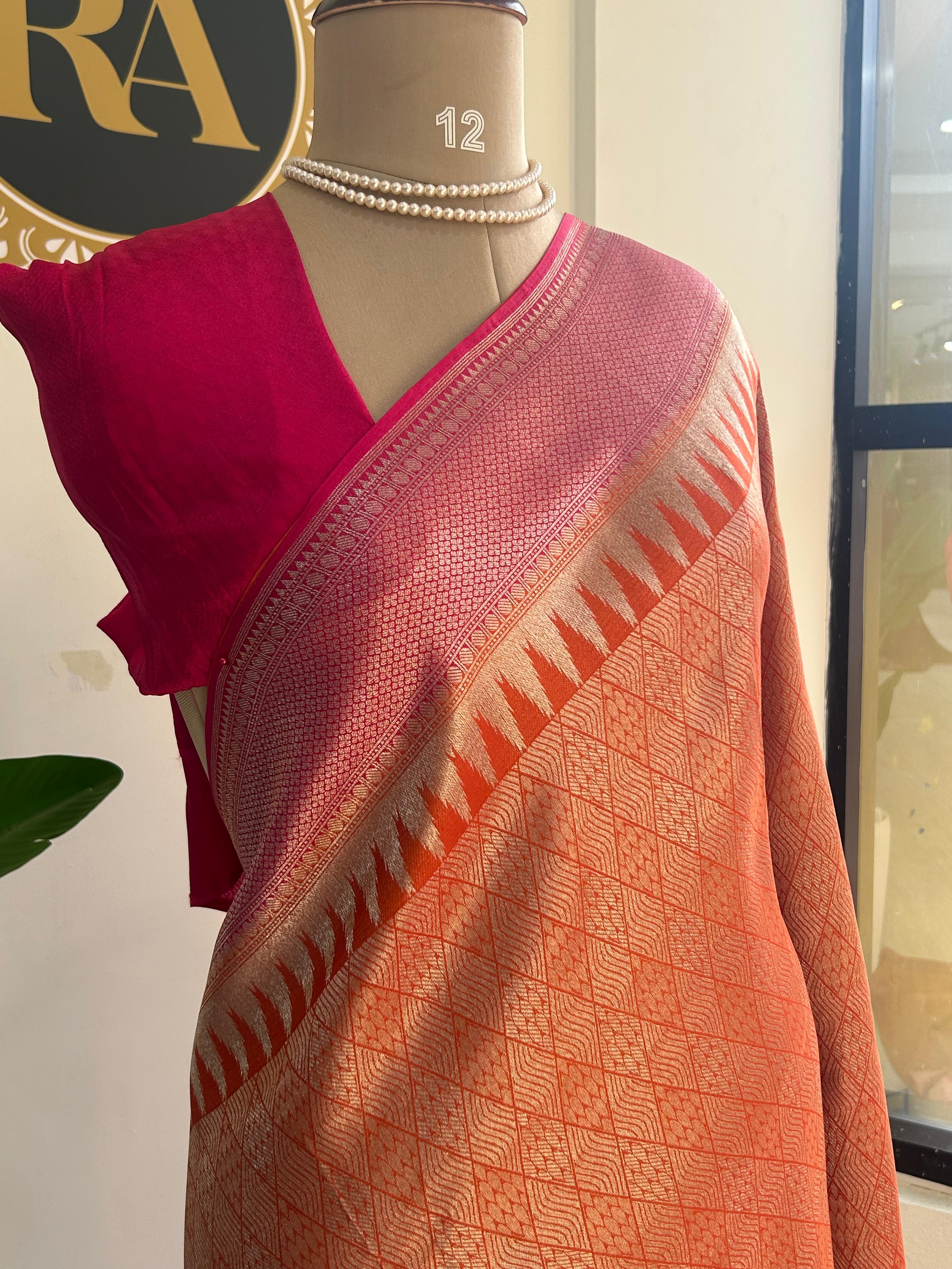 Orange brocade tissue temple border saree