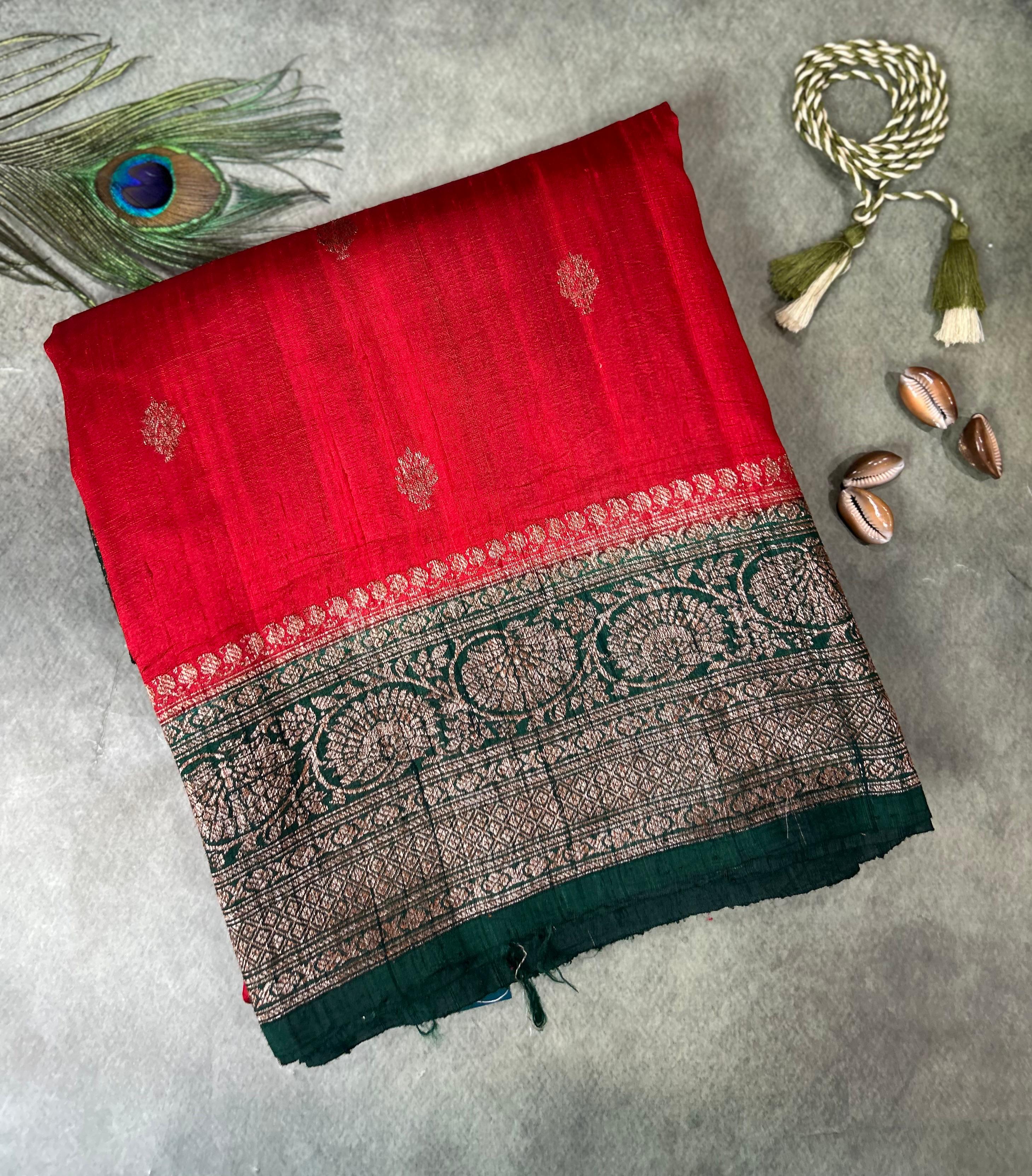 Red n bottle green small butta pure raw silk 102 saree