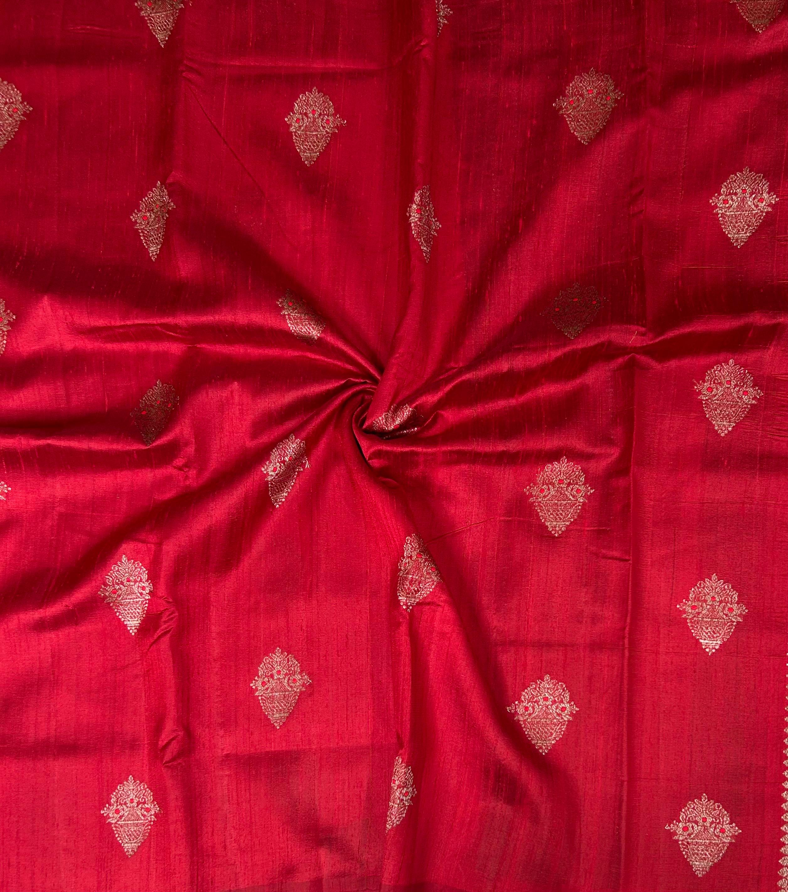 Red contrast small butta pure tussar 102 saree