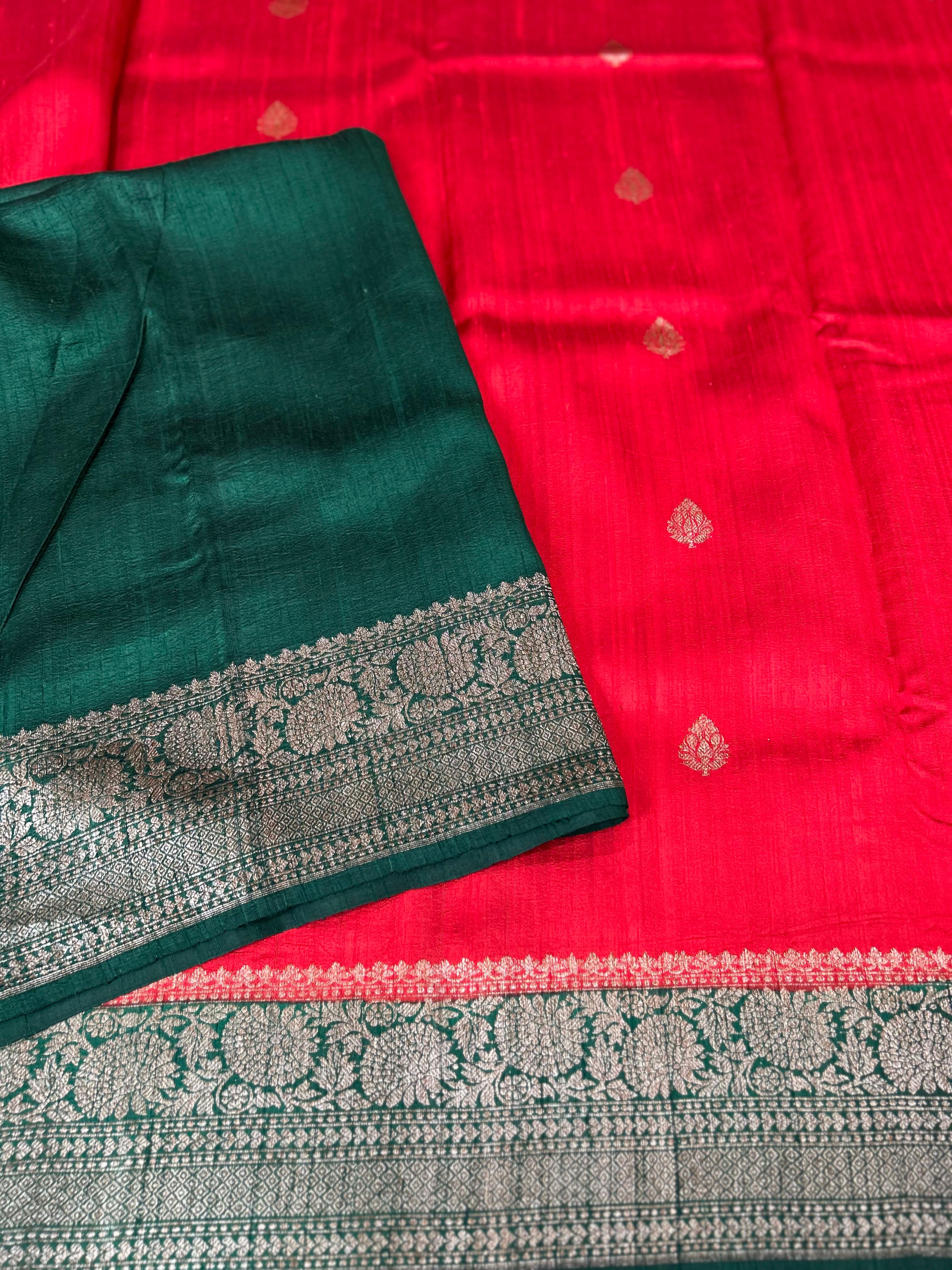 Red n bottle green small butta pure raw silk 102 saree
