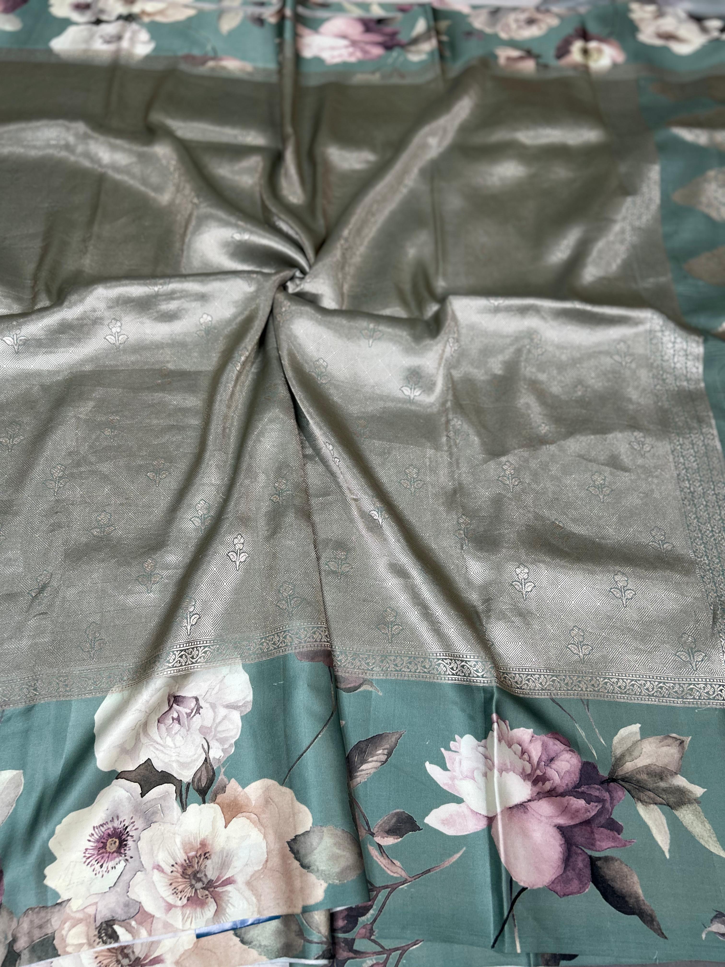 Pastel green digital print brocade pure mushru 101 saree