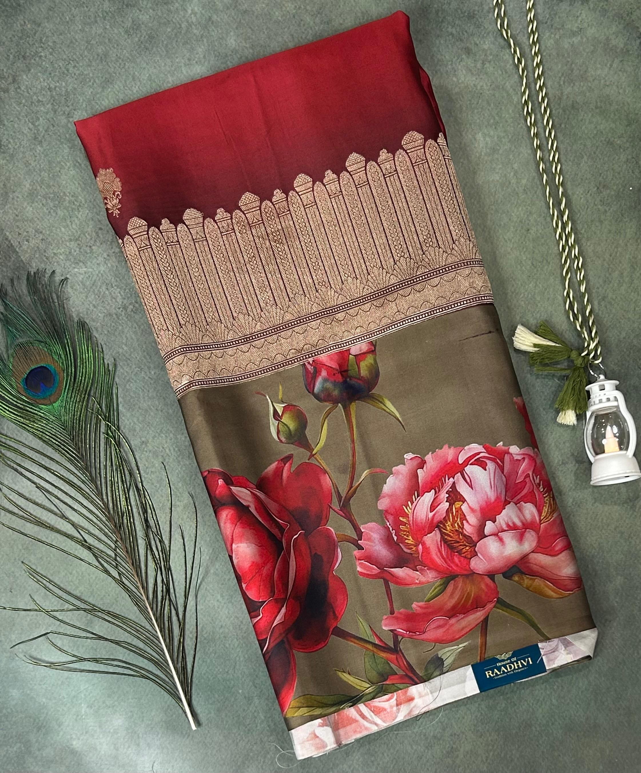 Red digital print brocade pure mushru 101 saree