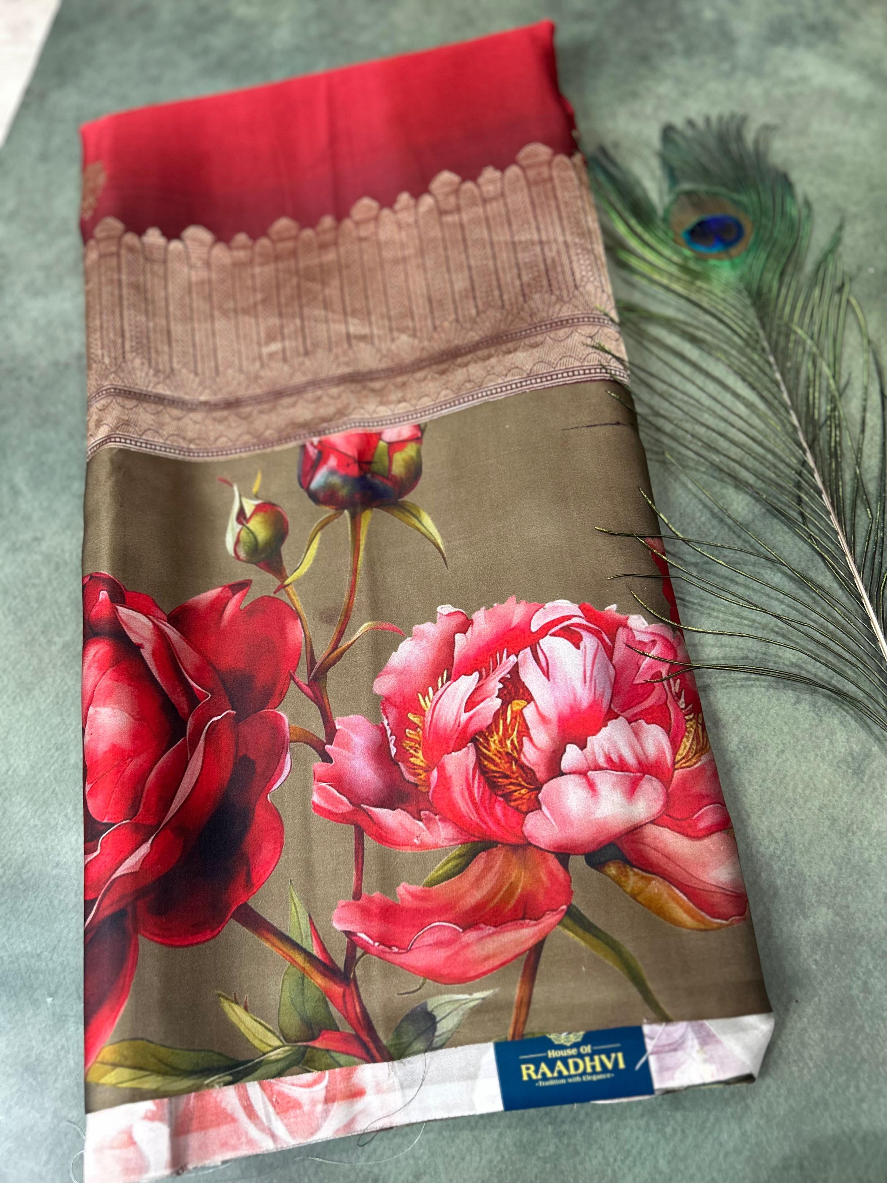 Red digital print brocade pure mushru 101 saree
