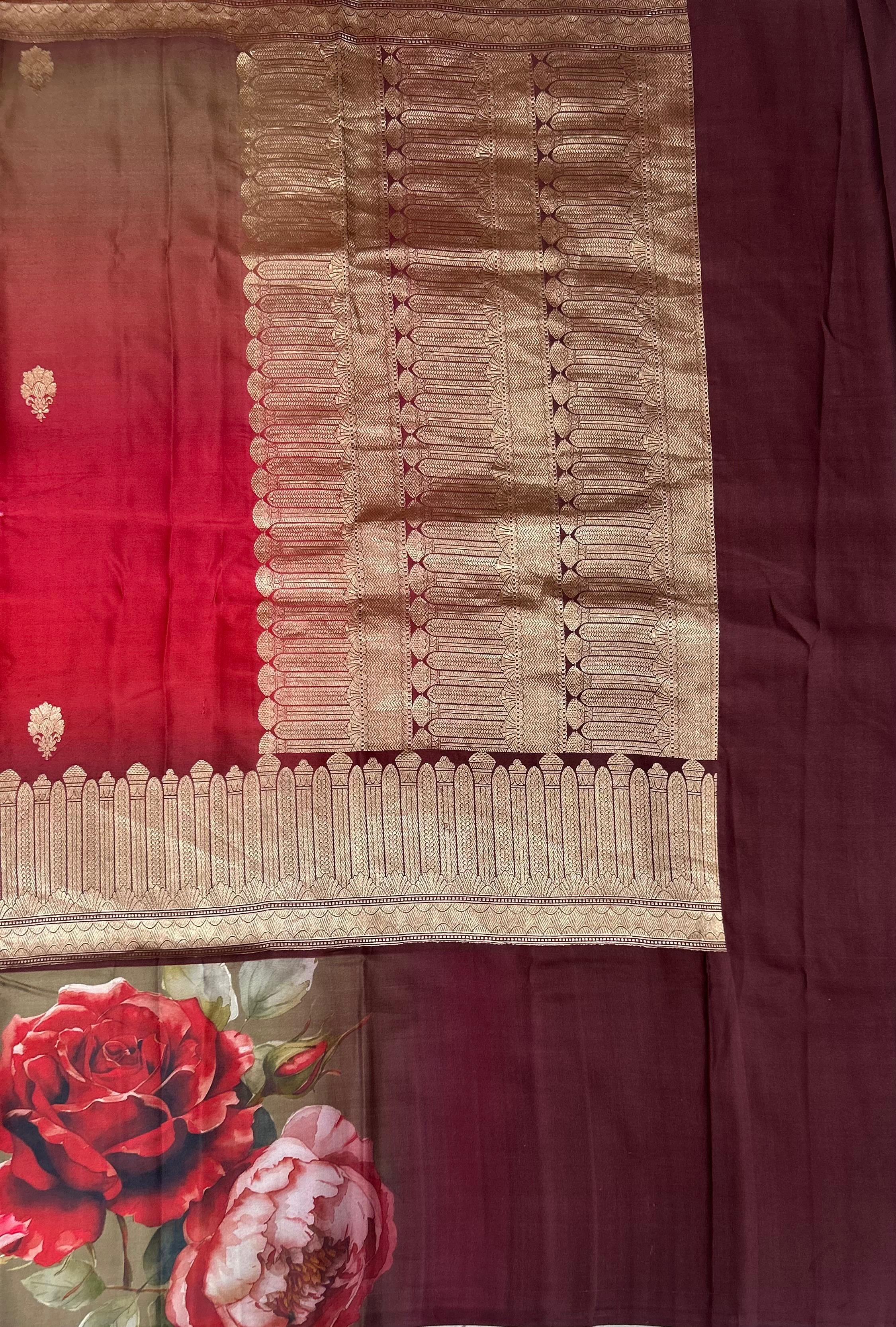 Red digital print brocade pure mushru 101 saree