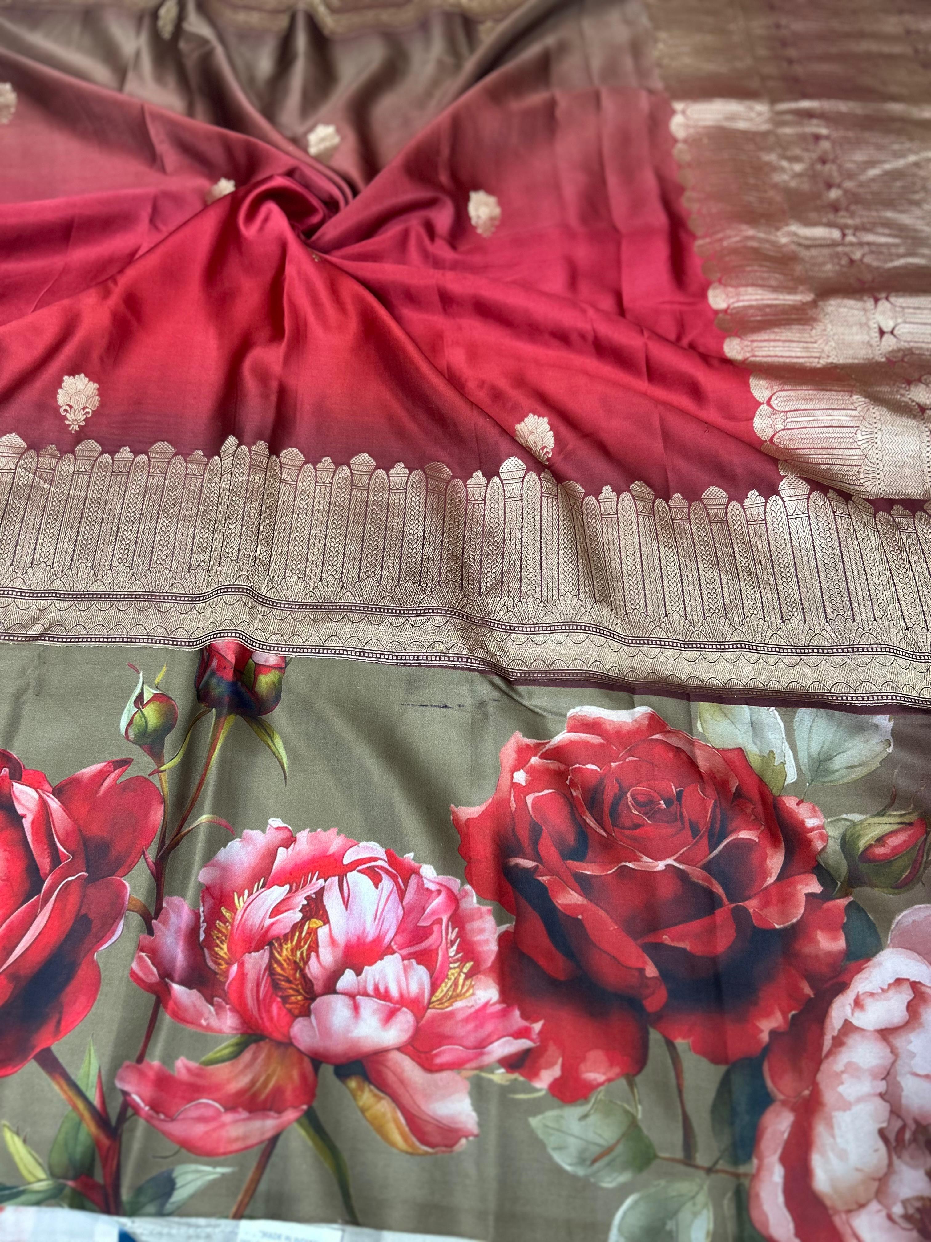 Red digital print brocade pure mushru 101 saree