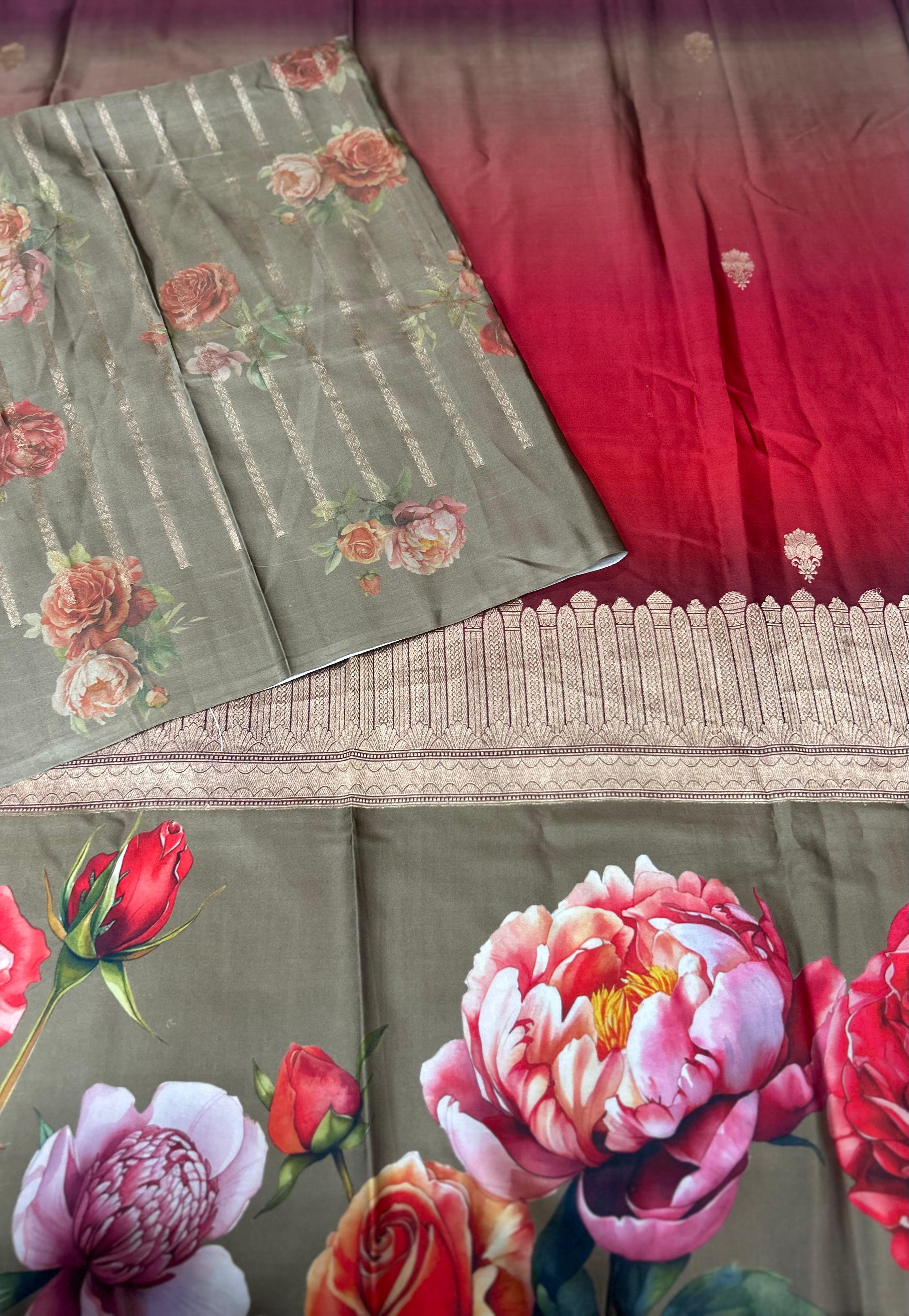 Red digital print brocade pure mushru 101 saree
