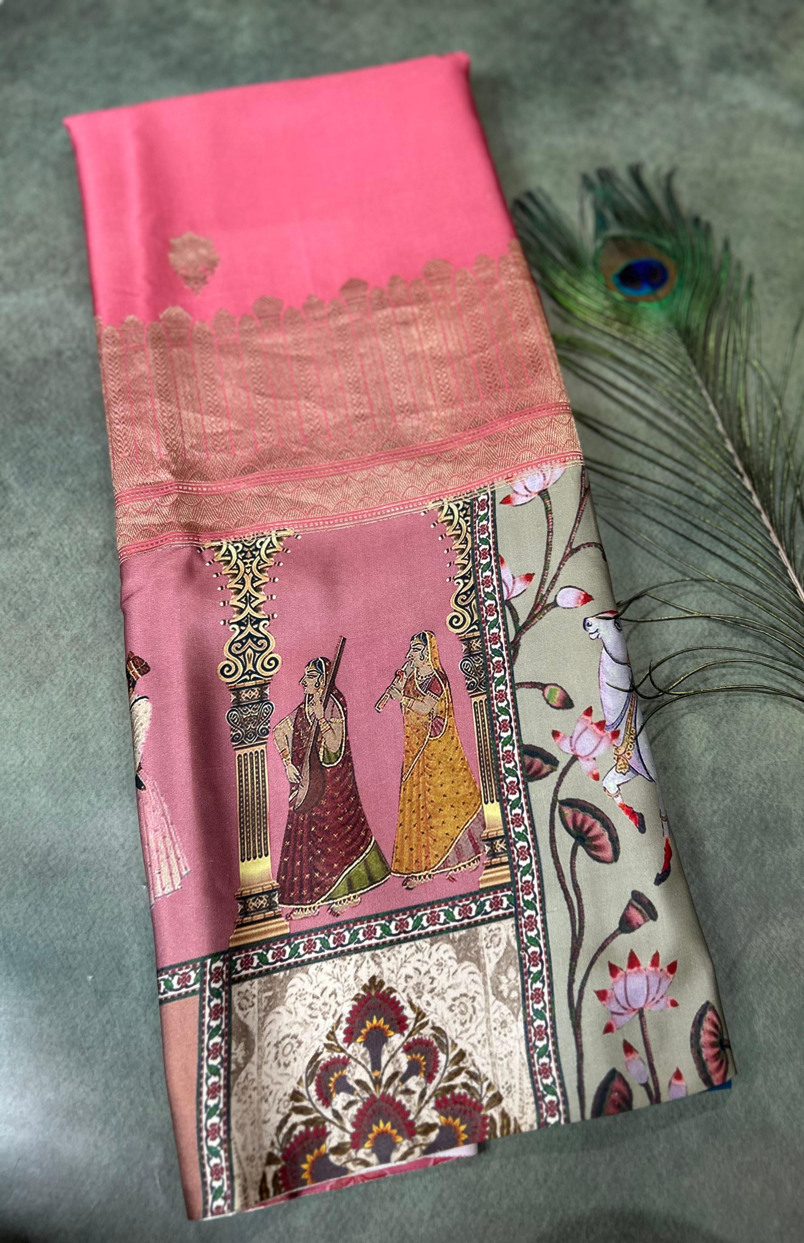 Pink  digital print brocade pure mushru 101 saree
