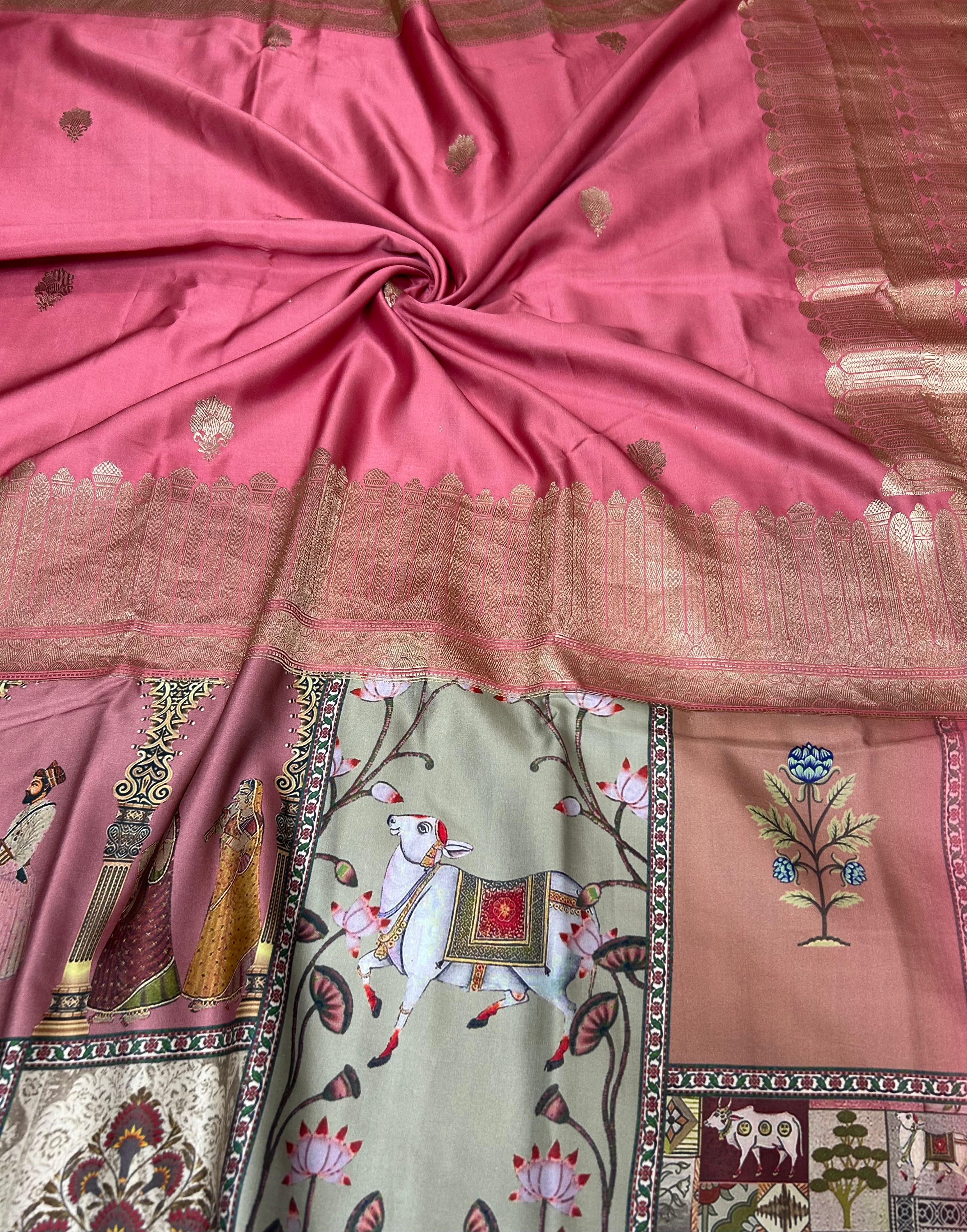 Pink  digital print brocade pure mushru 101 saree