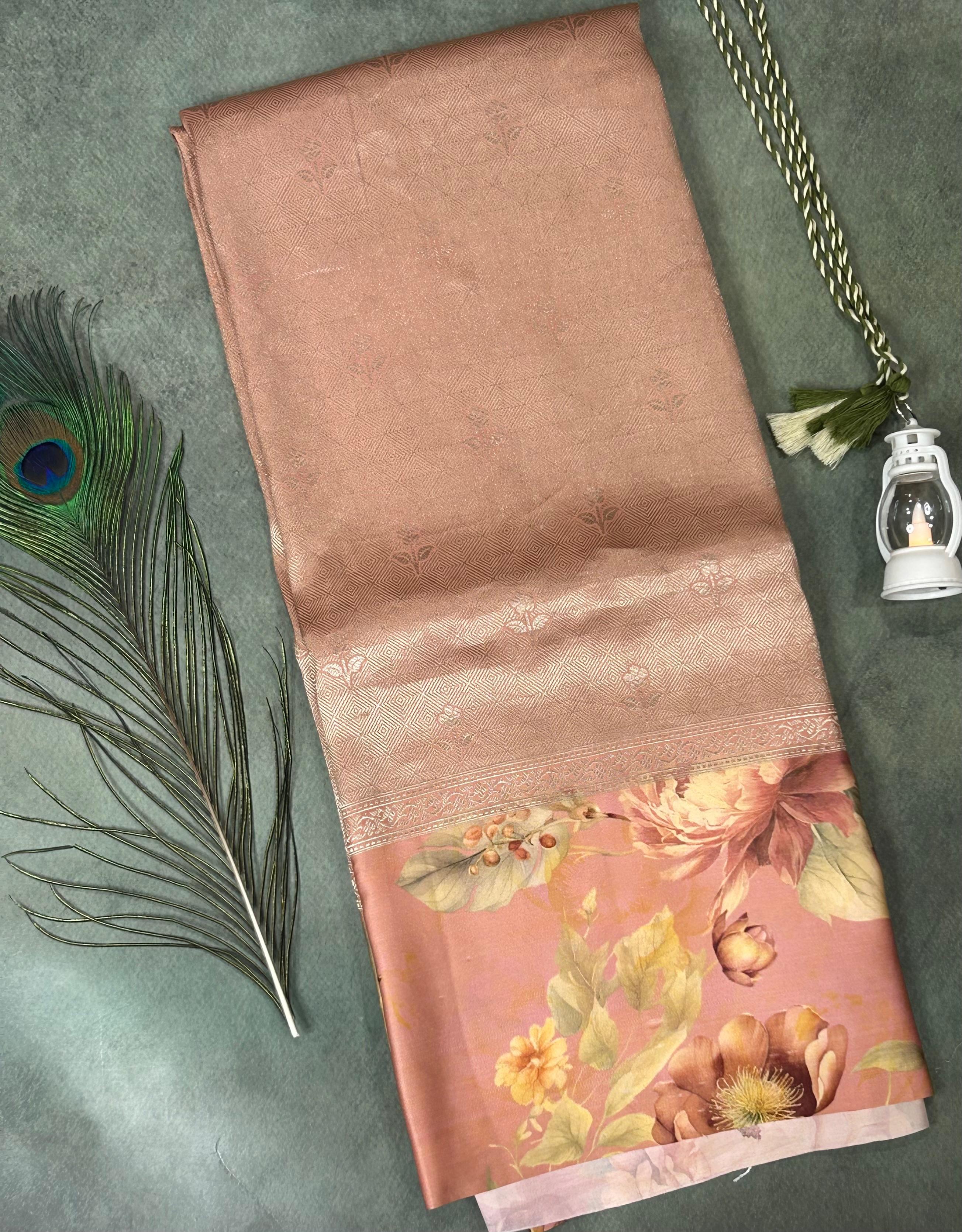 Peach digital print brocade pure mushru 101 saree