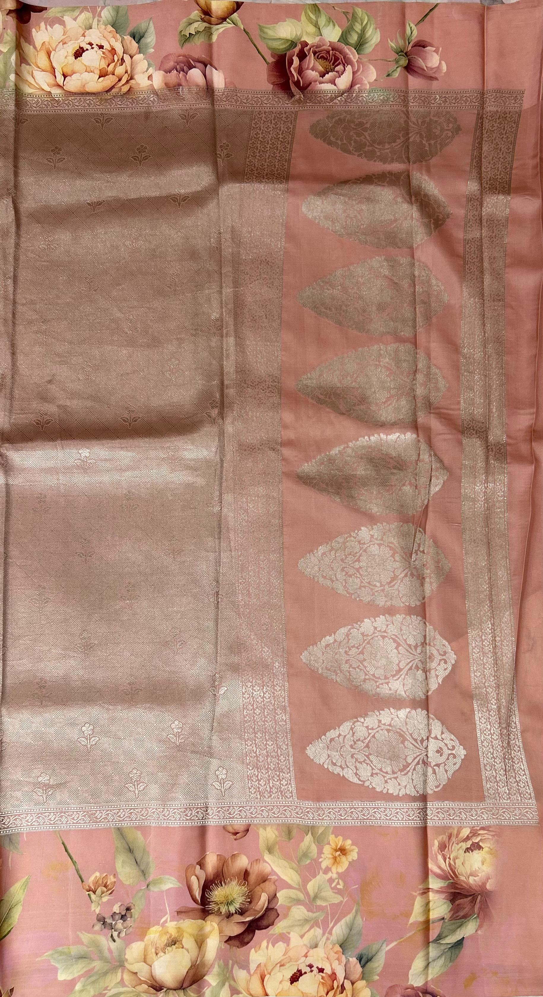 Peach digital print brocade pure mushru 101 saree
