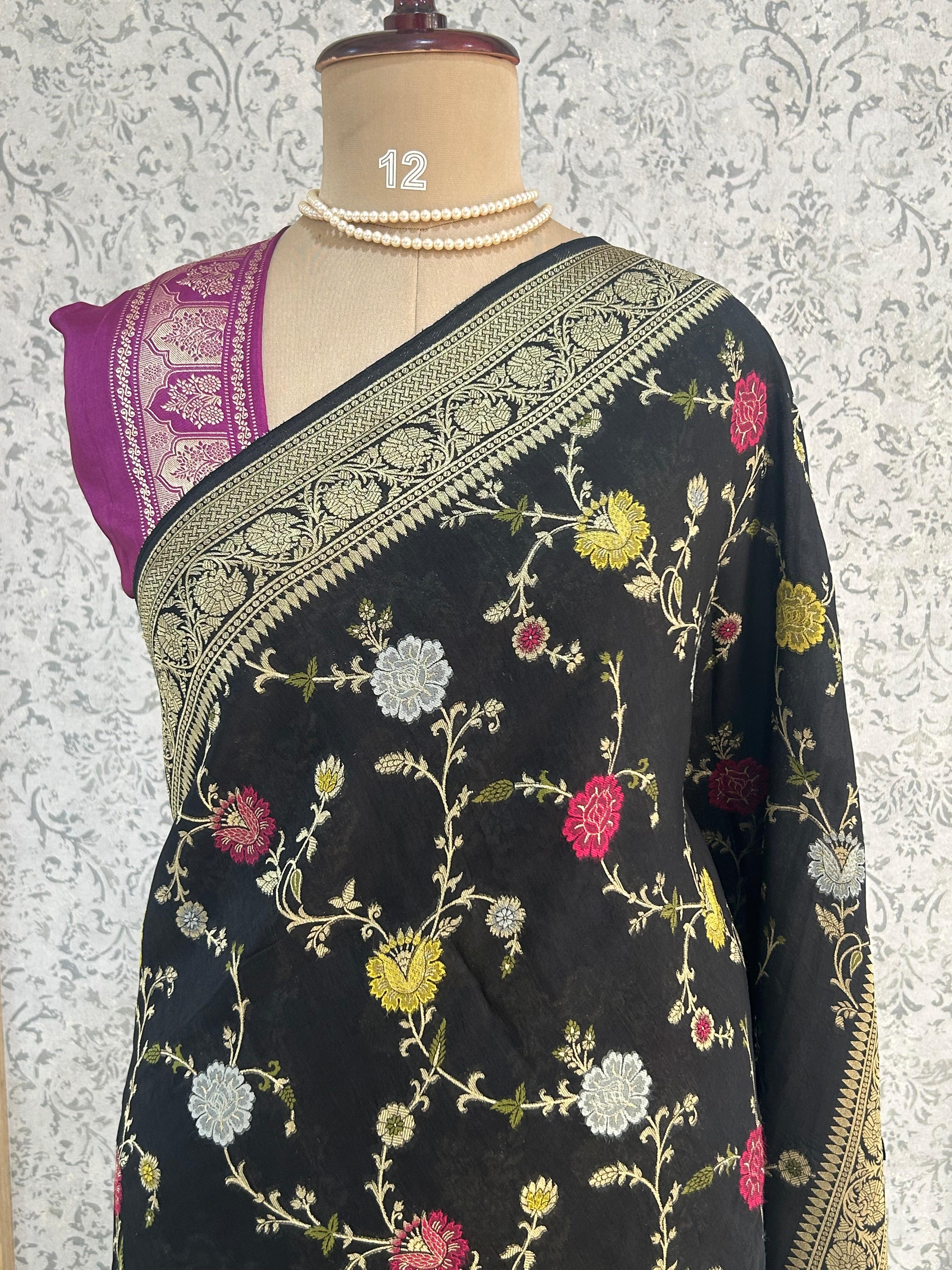 Black small butta semi georgette saree (Black 102)