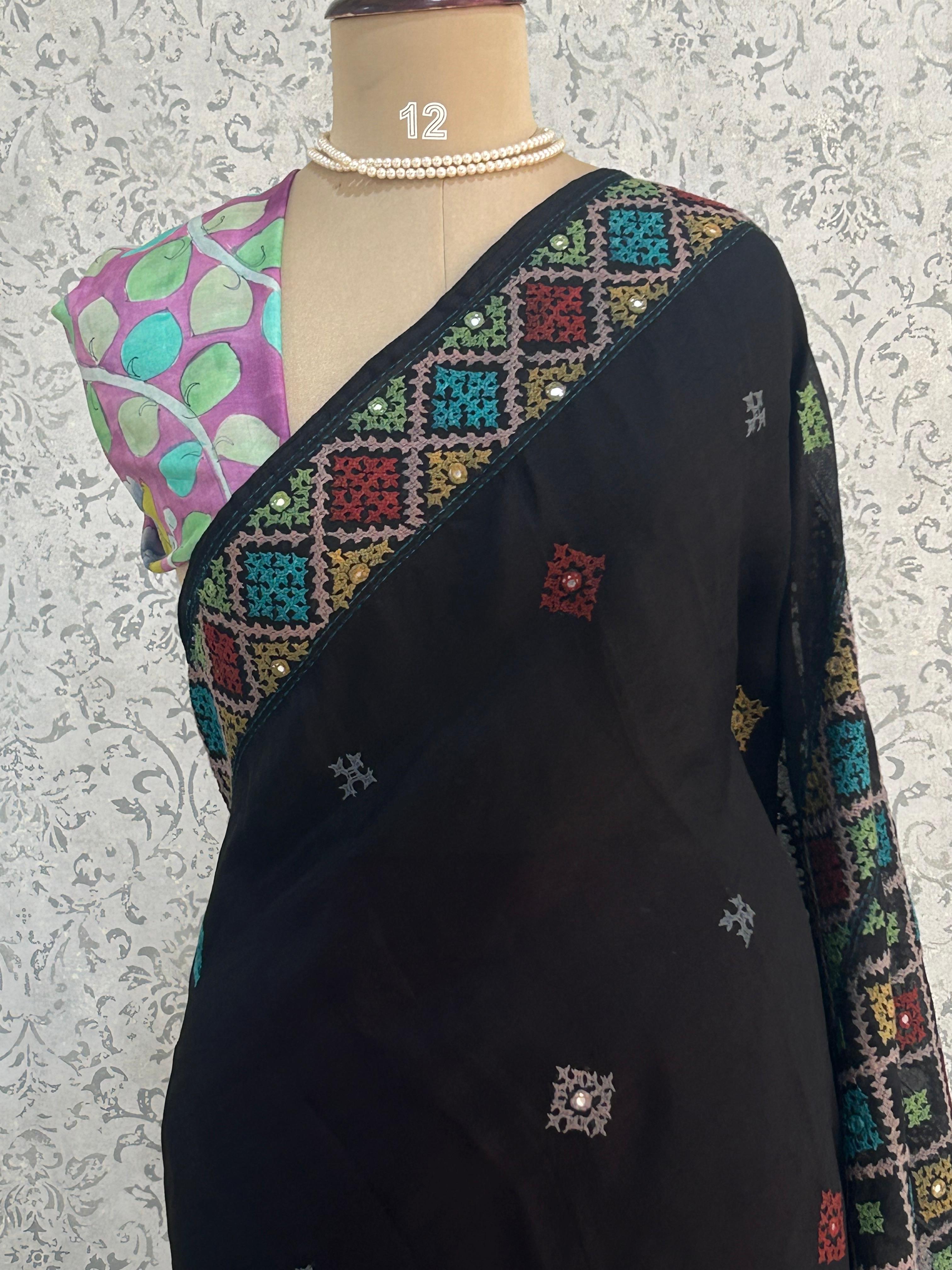 Black small border pure organza saree (black 102)