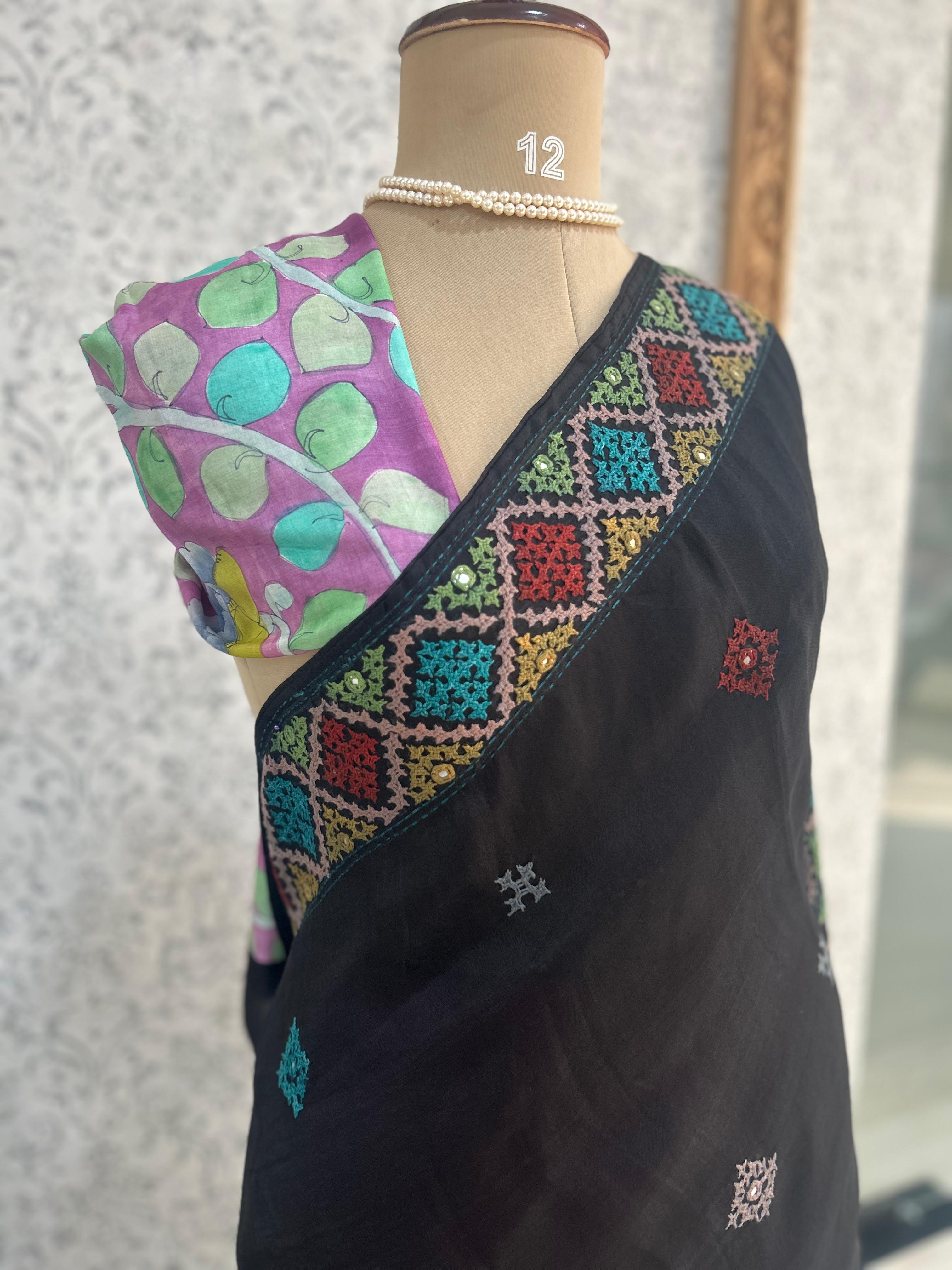 Black small border pure organza saree (black 102)