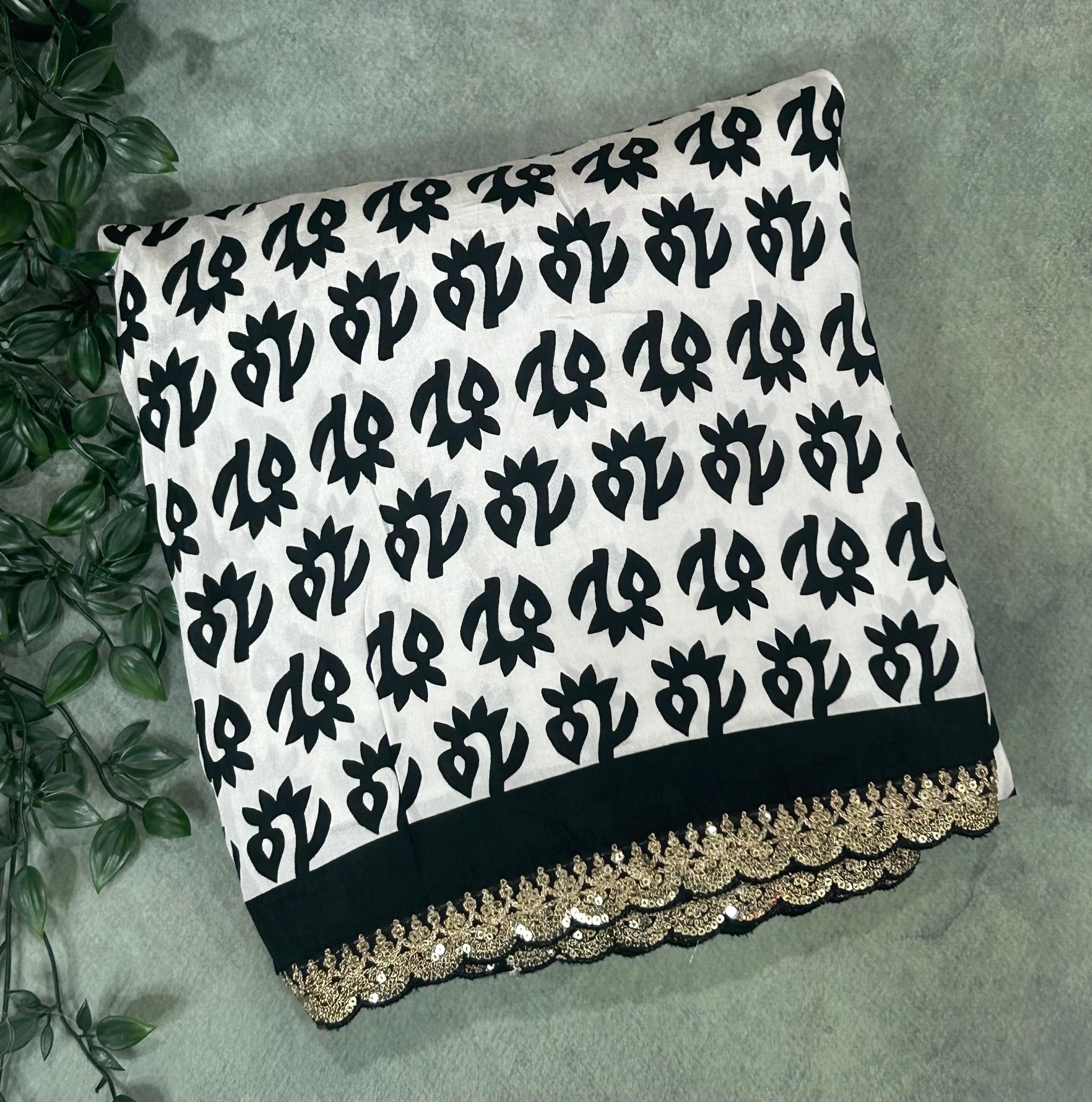 Black n white 102 scallop border georgette saree