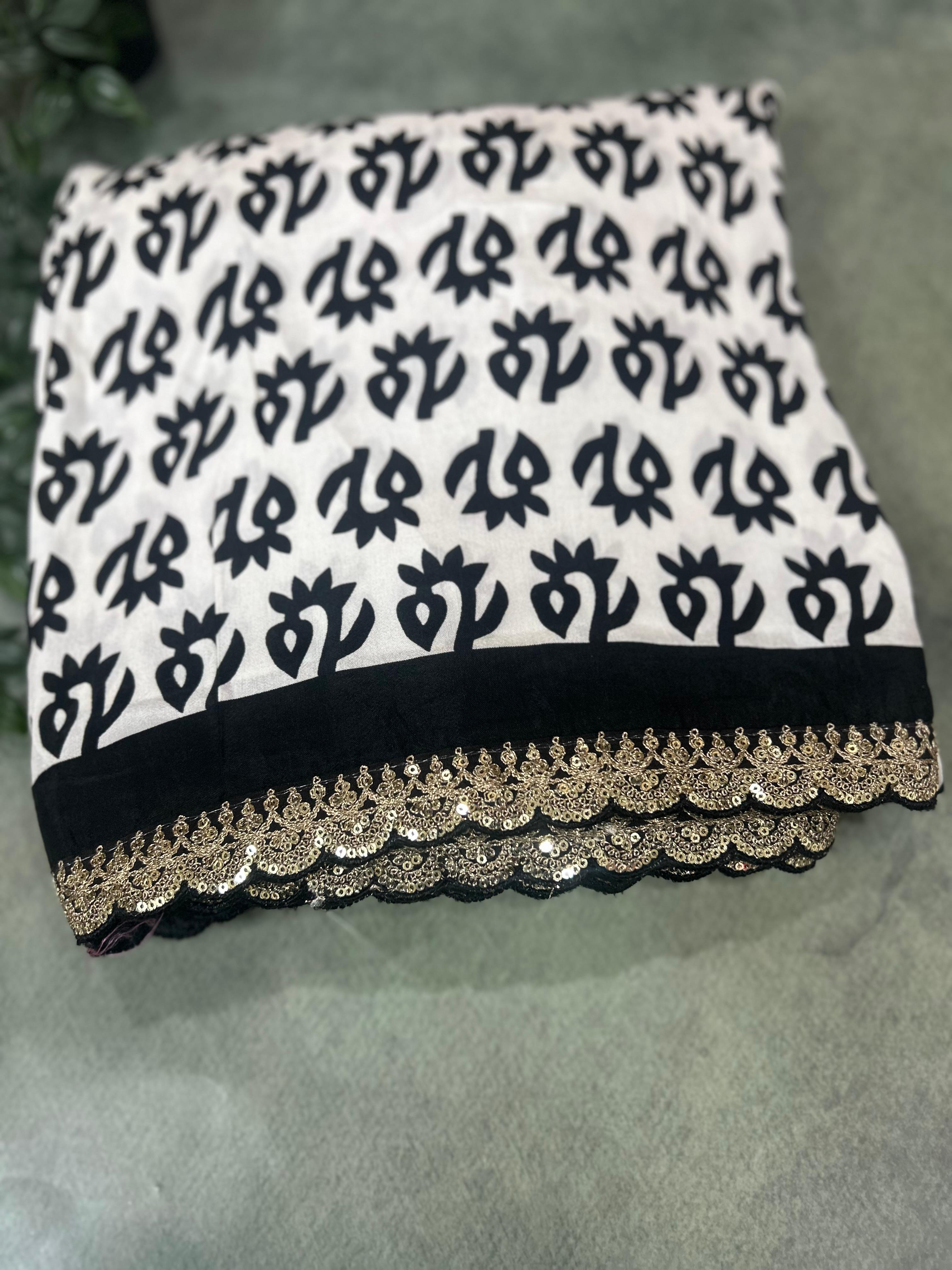 Black n white 102 scallop border georgette saree