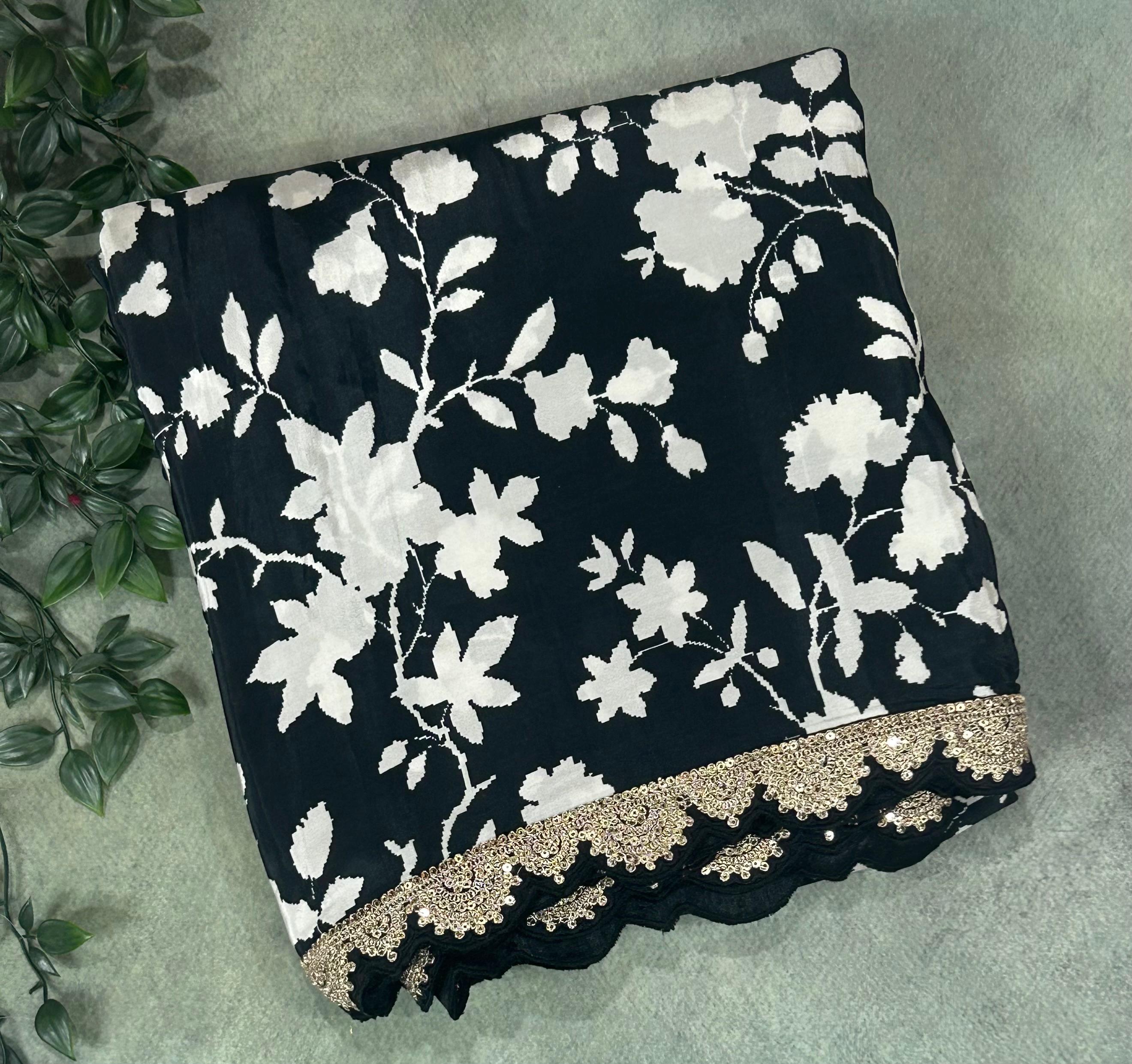 Black n white 102 scallop border georgette saree