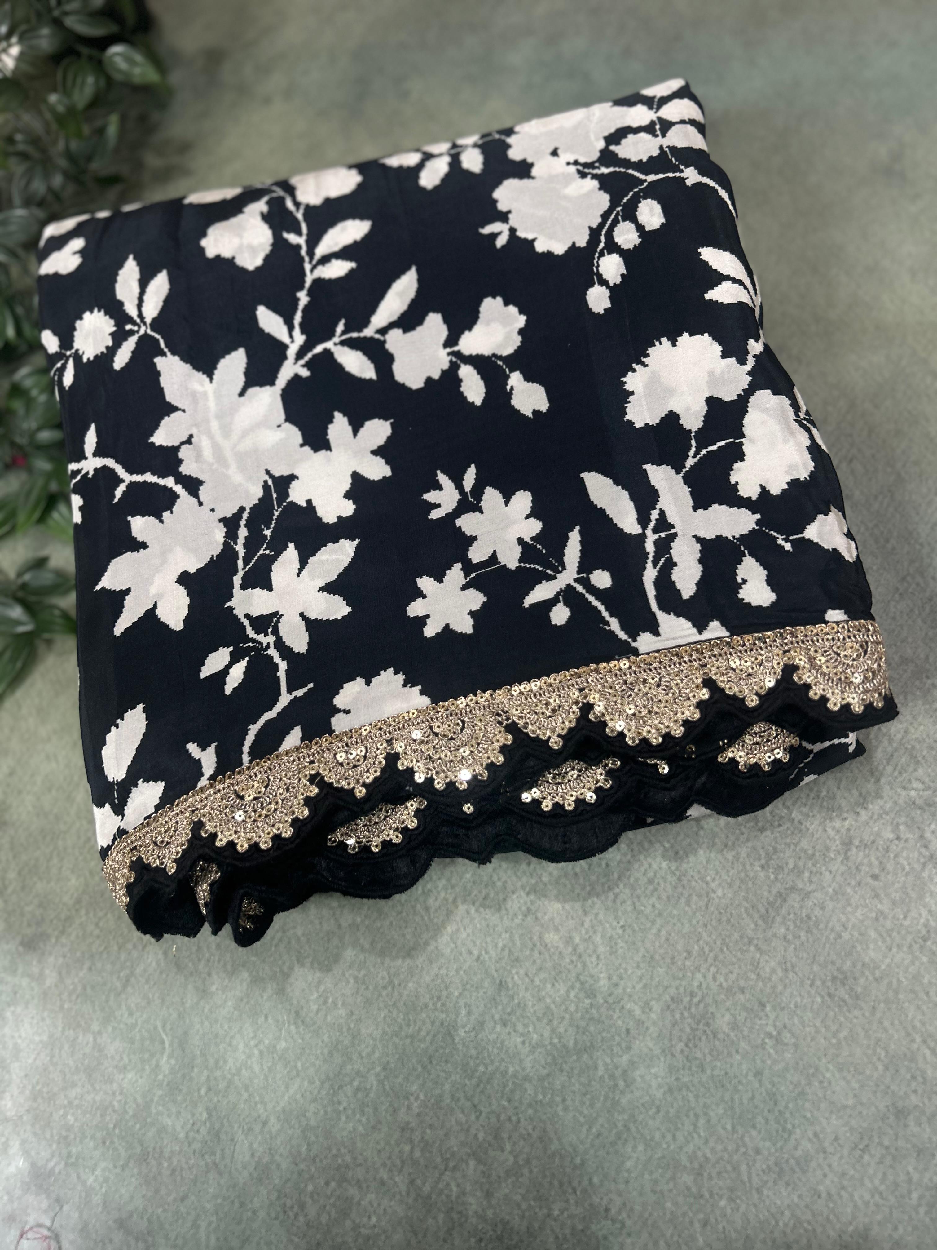 Black n white 102 scallop border georgette saree