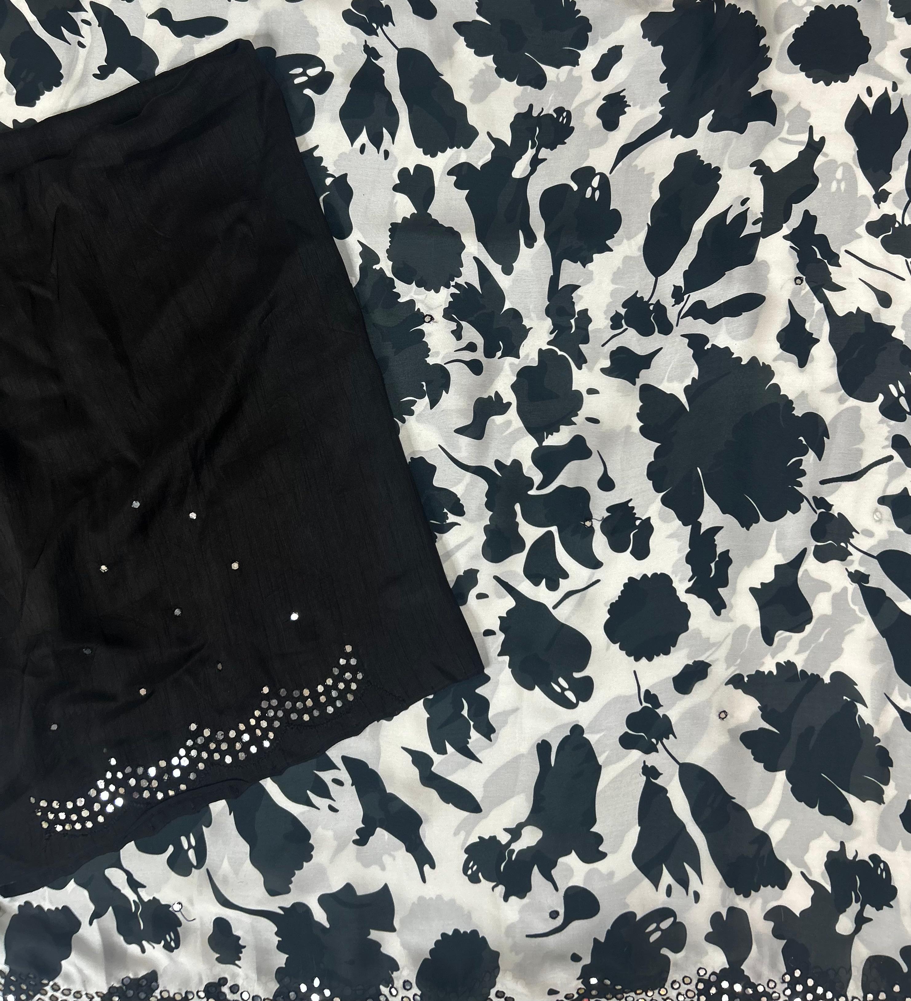 Black n white 102 scallop border georgette saree