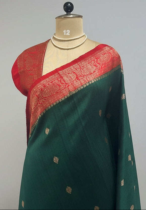 Bottle green n red small butta pure raw silk 102 saree