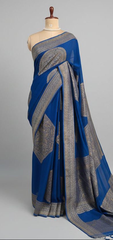Blue big Butta Banarasi pure crepe saree -101