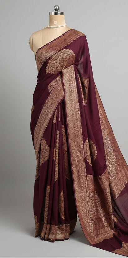 Brown big Butta Banarasi pure crepe saree -101