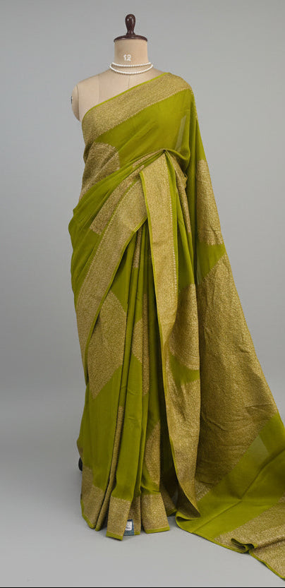 Neon green big Butta Banarasi pure crepe saree -101