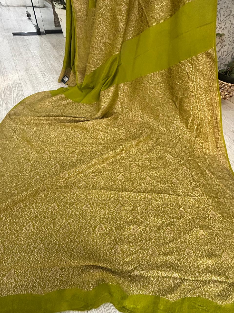 Neon green abstract Butta Benarasi pure crepe 105 saree