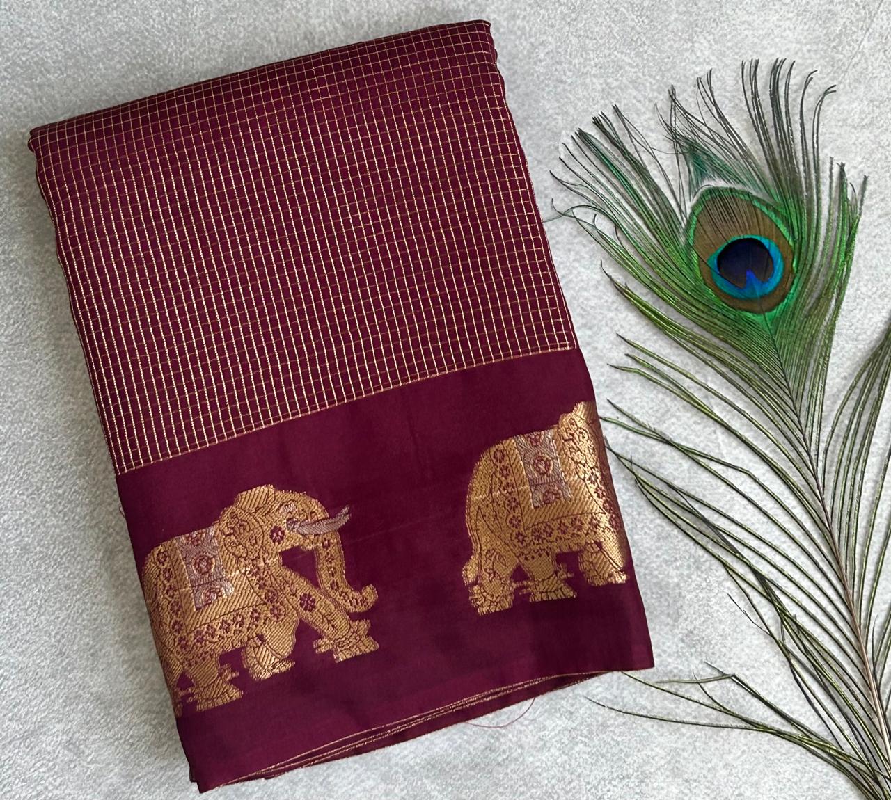 Dark wine small checks vintage semi mysore crepe 02 saree