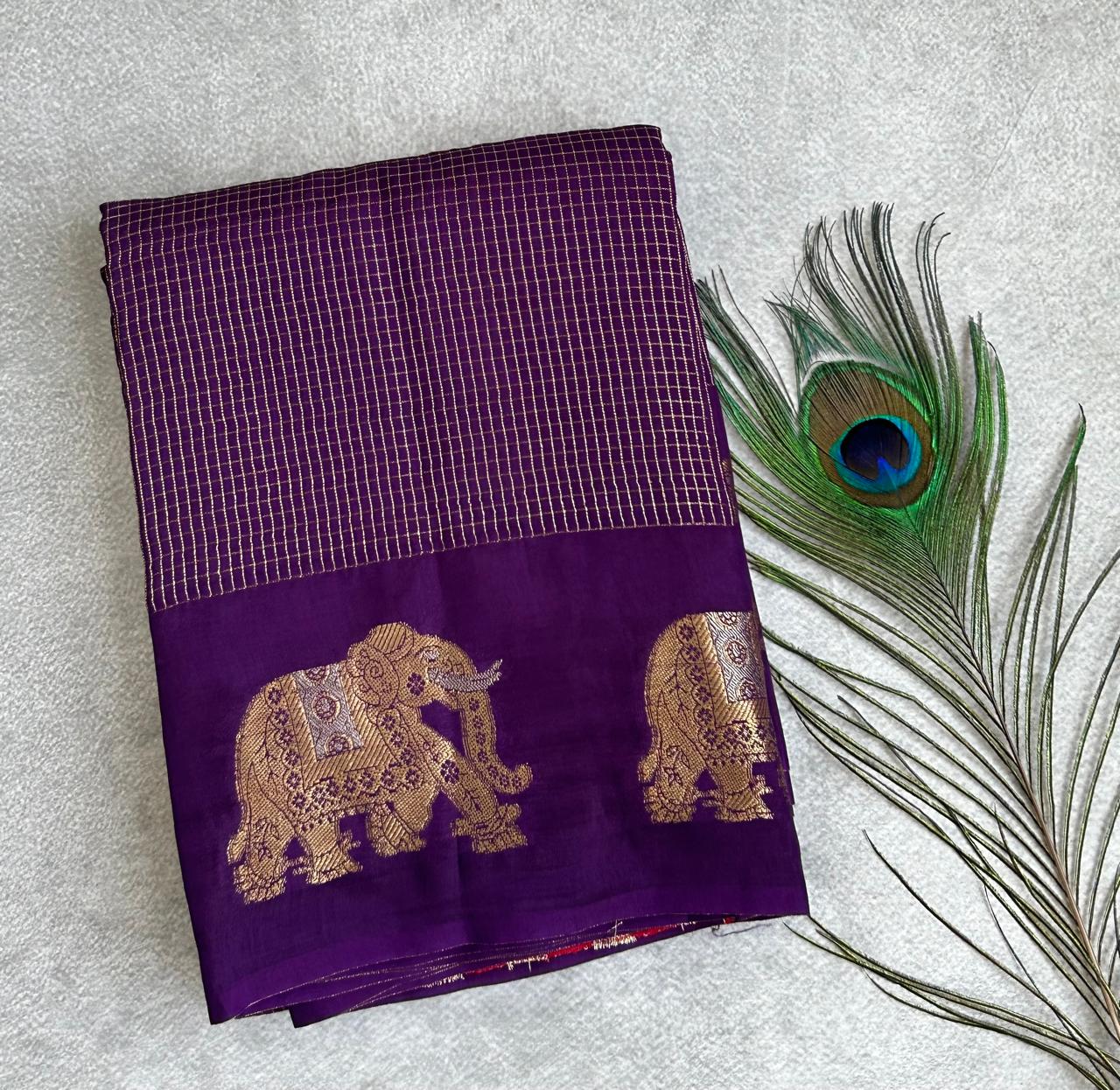 Purple small checks vintage semi mysore crepe 02 saree
