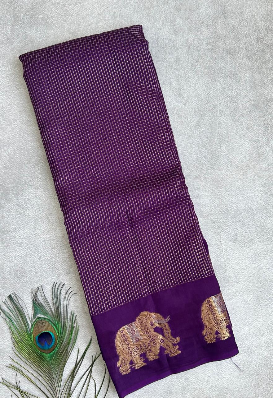 Purple small checks vintage semi mysore crepe 02 saree