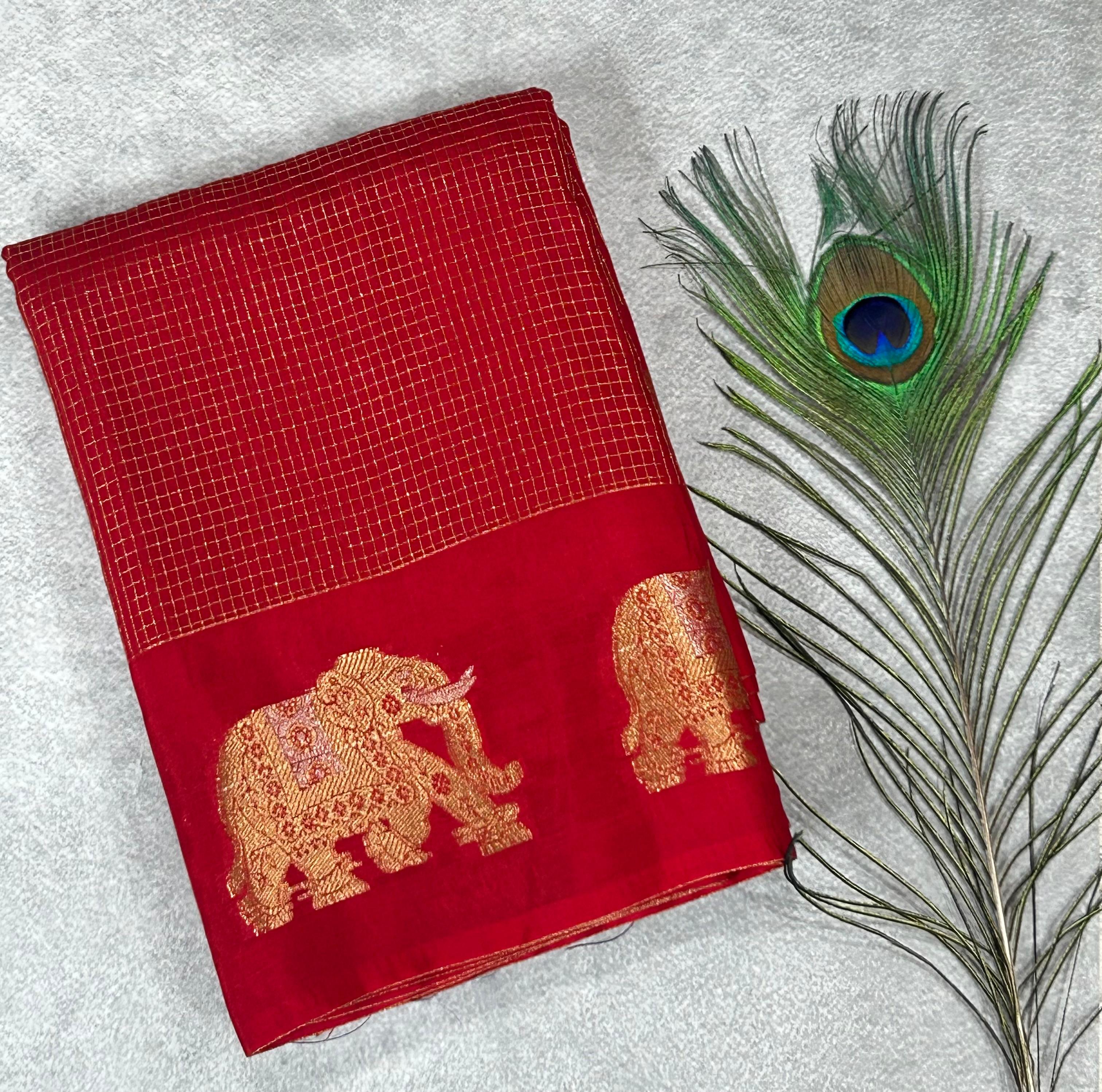 Red small checks vintage semi mysore crepe 02 saree